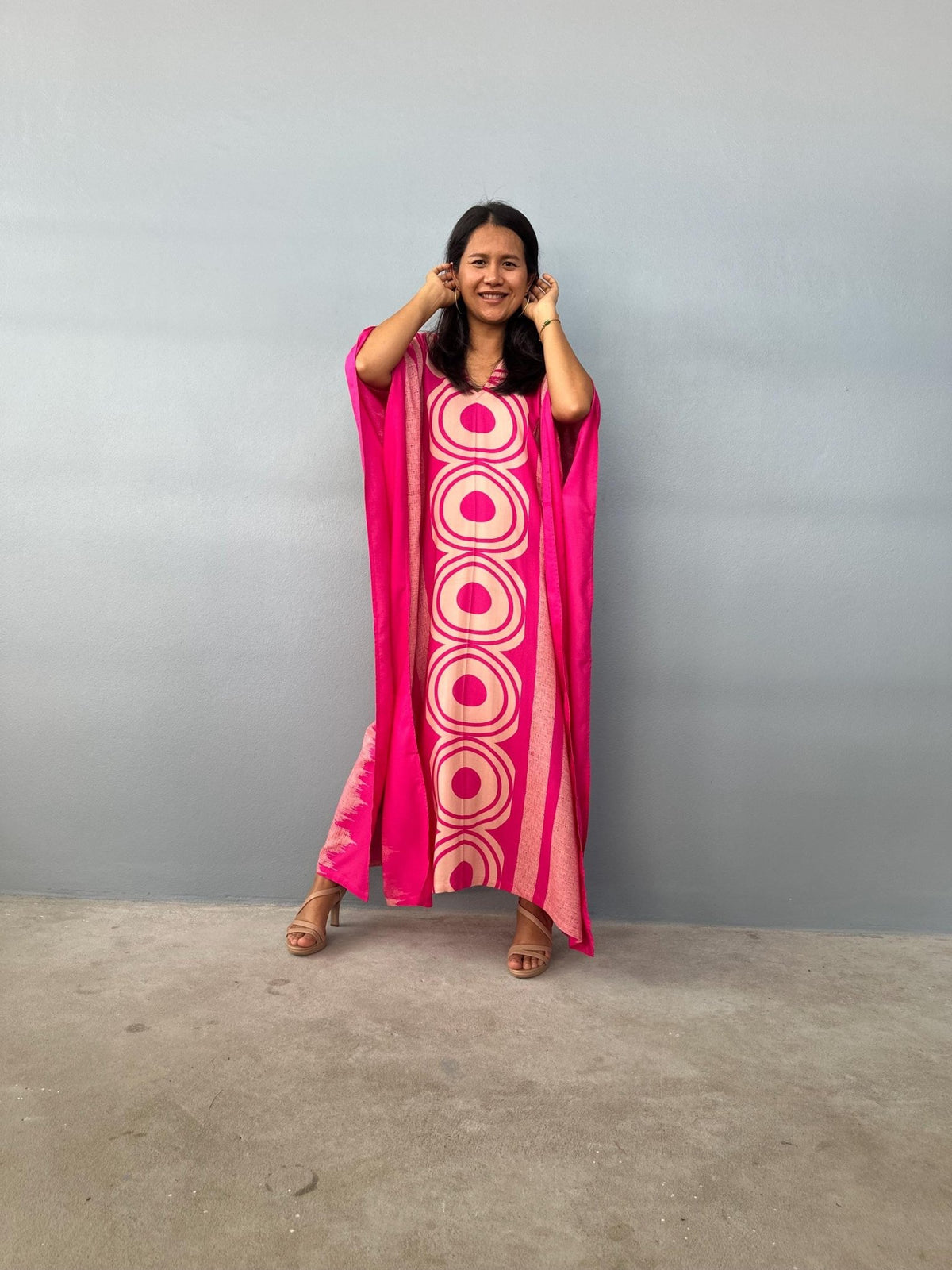 Mala Handworks  Luna Hand Printscreen Kaftan in Fuschia Echoeye Pattern