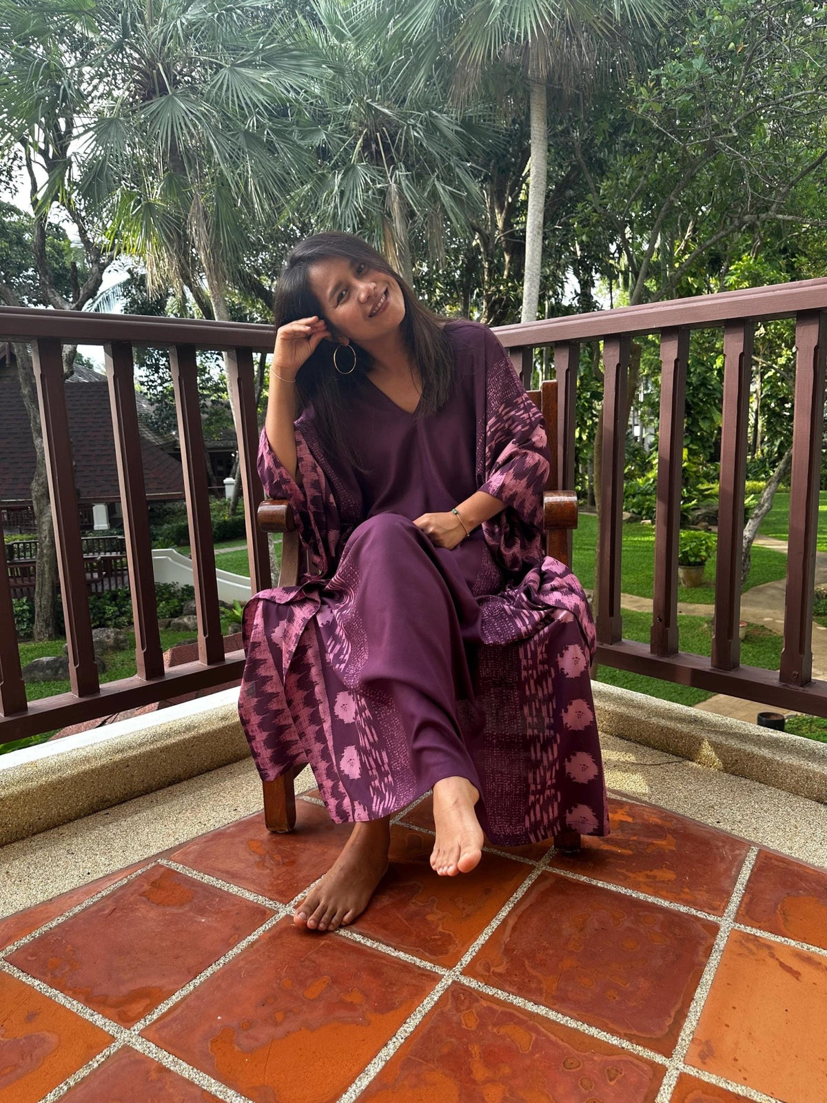 Mala Handworks  40 inches Luna Hand Screen Printed Kaftan in Eggplant