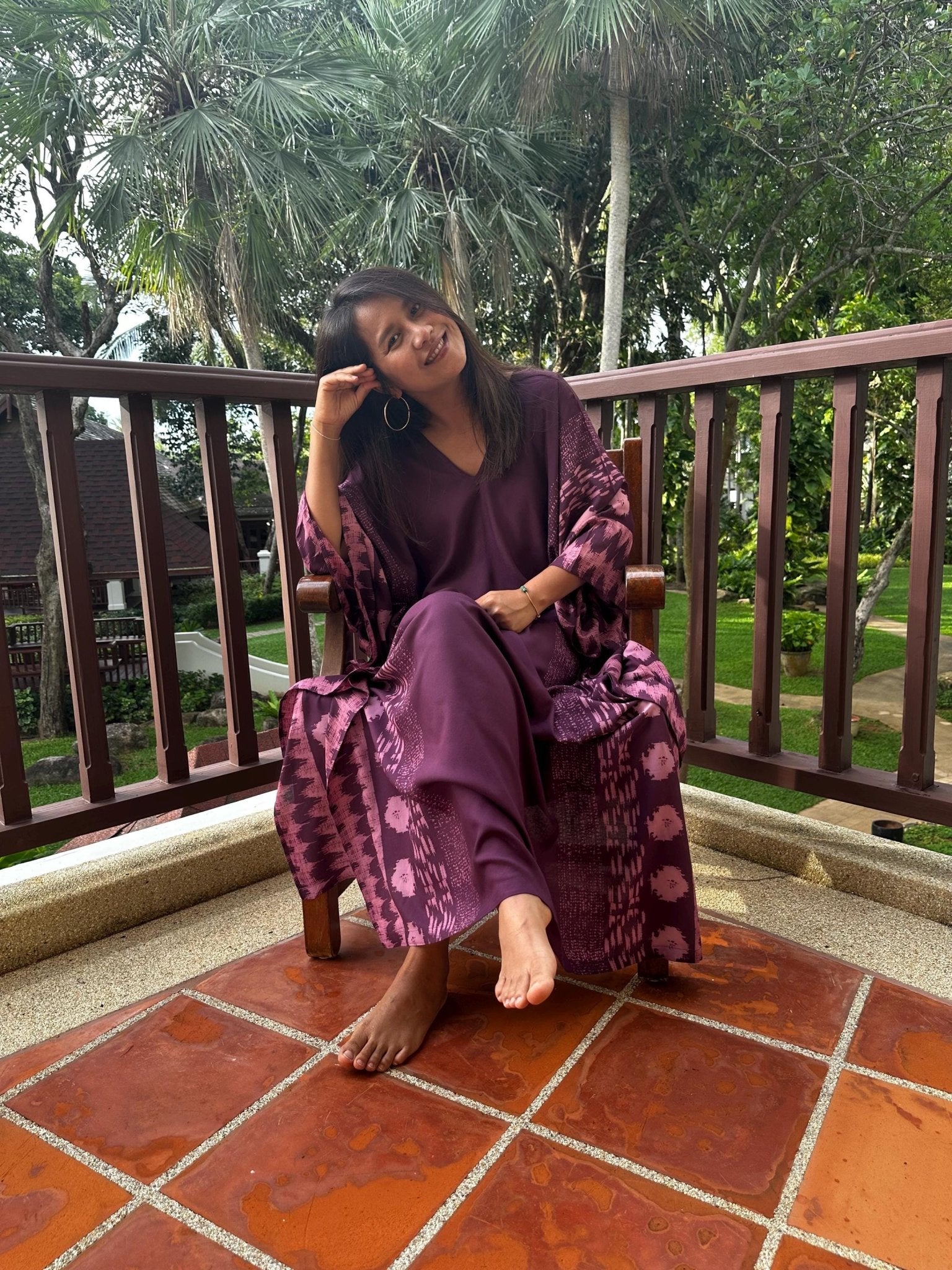 Mala Handworks  40 inches Luna Hand Screen Printed Kaftan in Eggplant