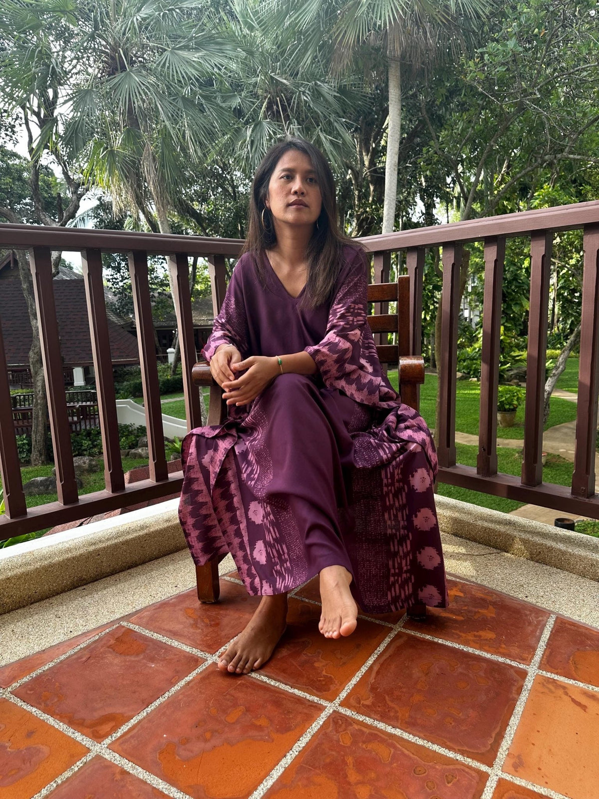 Mala Handworks  Luna Hand Screen Printed Kaftan in Eggplant