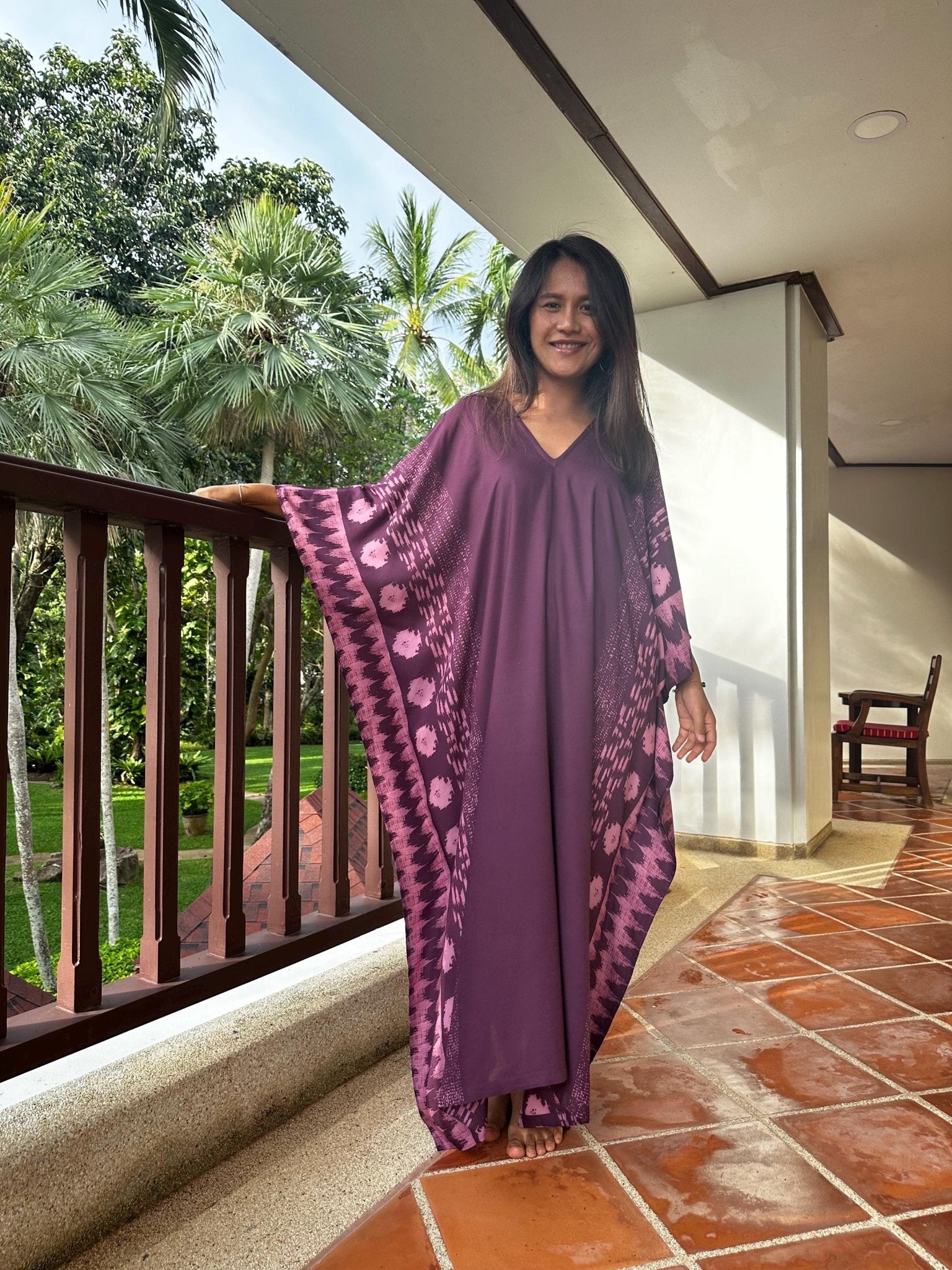 Mala Handworks  Luna Hand Screen Printed Kaftan in Eggplant