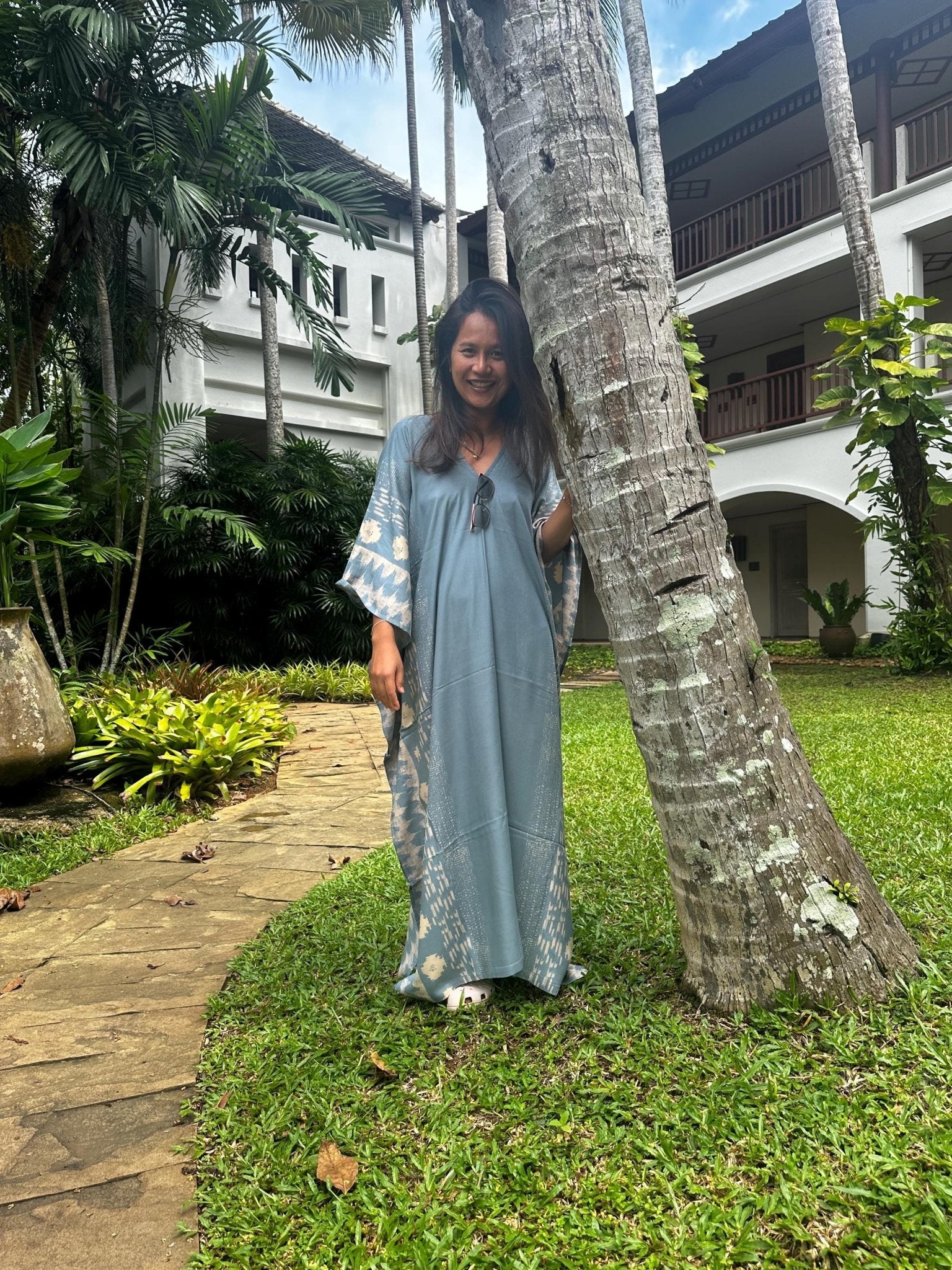 Luna Hand Screen Printed Kaftan in Gray - Mala Handworks