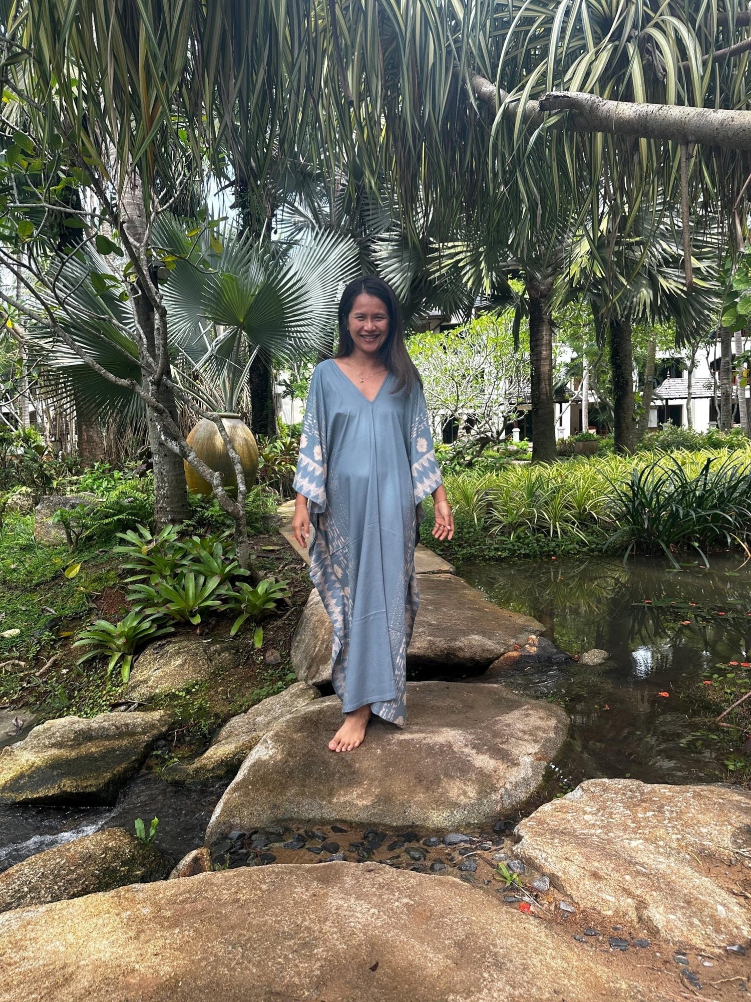 Luna Hand Screen Printed Kaftan in Gray - Mala Handworks