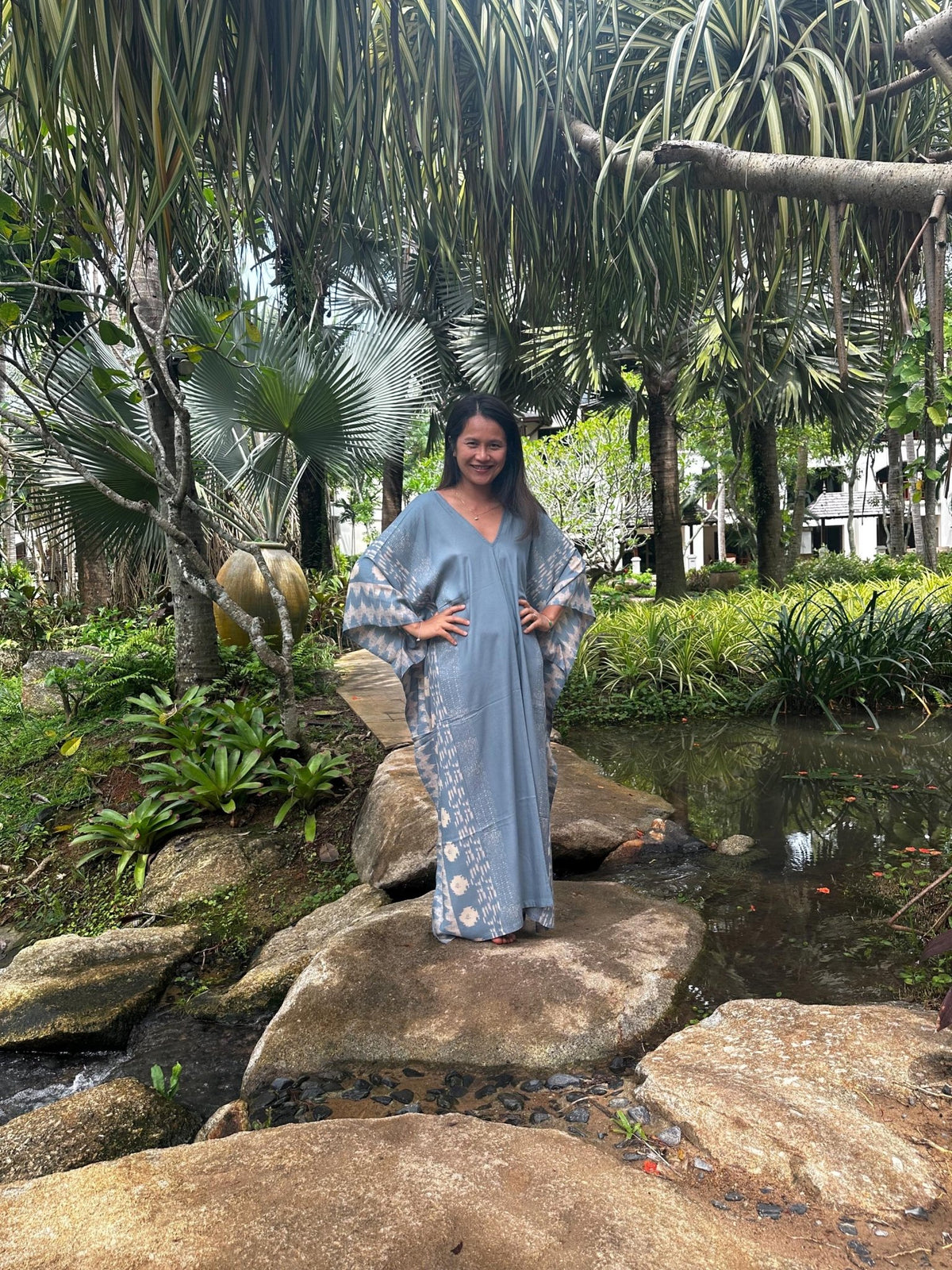 Luna Hand Screen Printed Kaftan in Gray - Mala Handworks