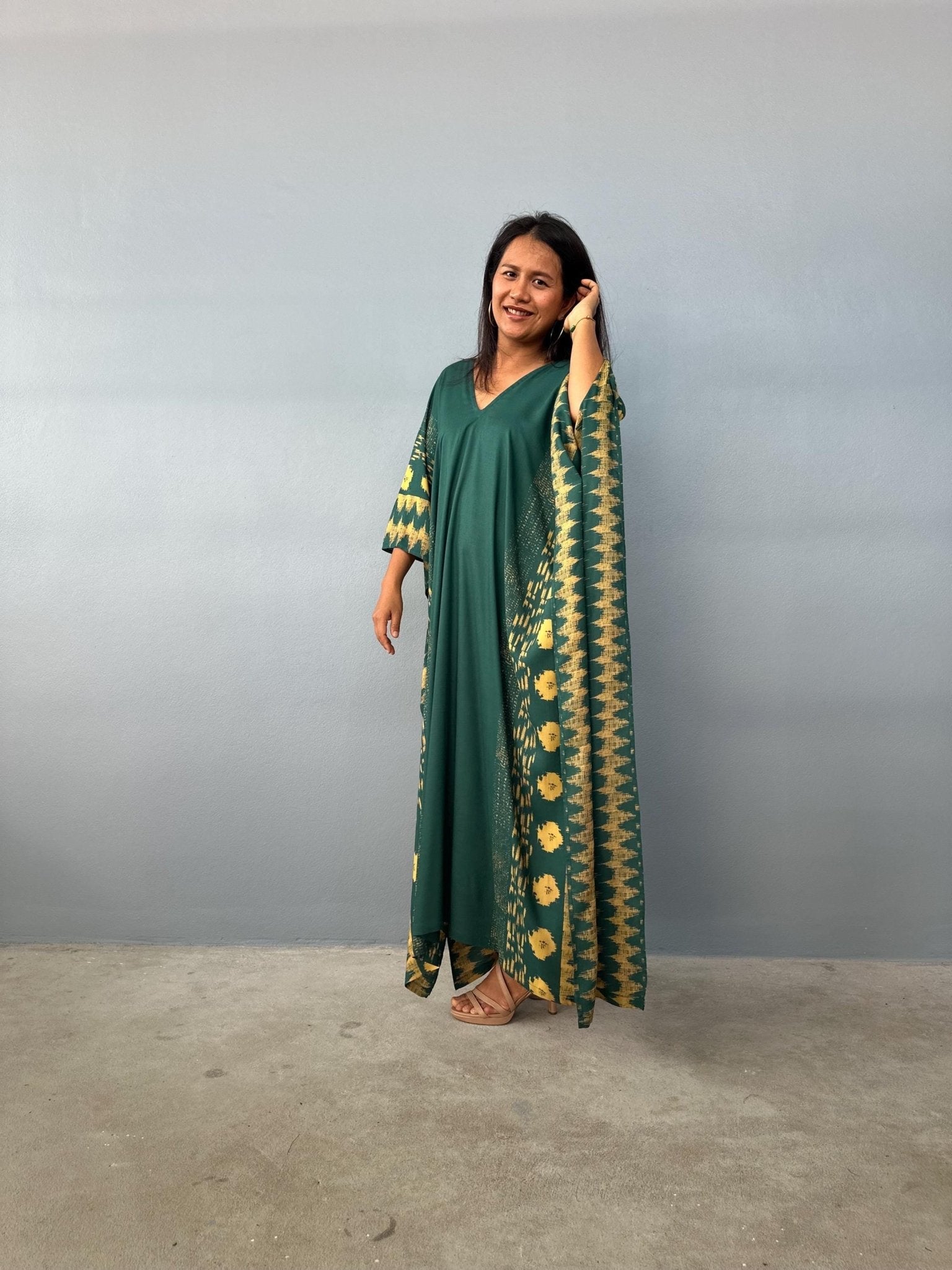 Mala Handworks  Luna Hand Screen Printed Kaftan in Green