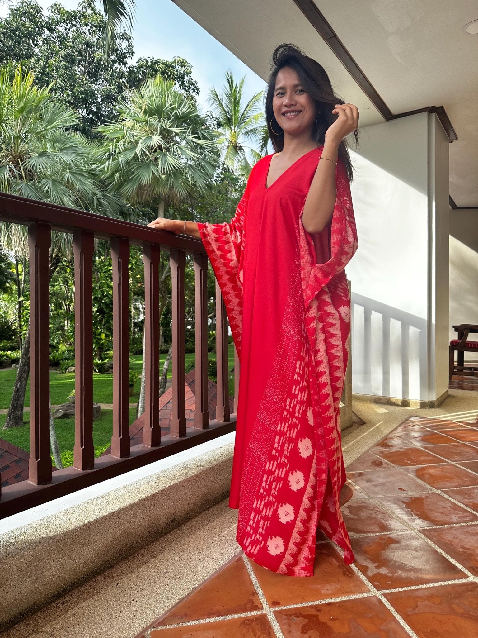 Mala Handworks  Luna Hand Screen Printed Kaftan in Red