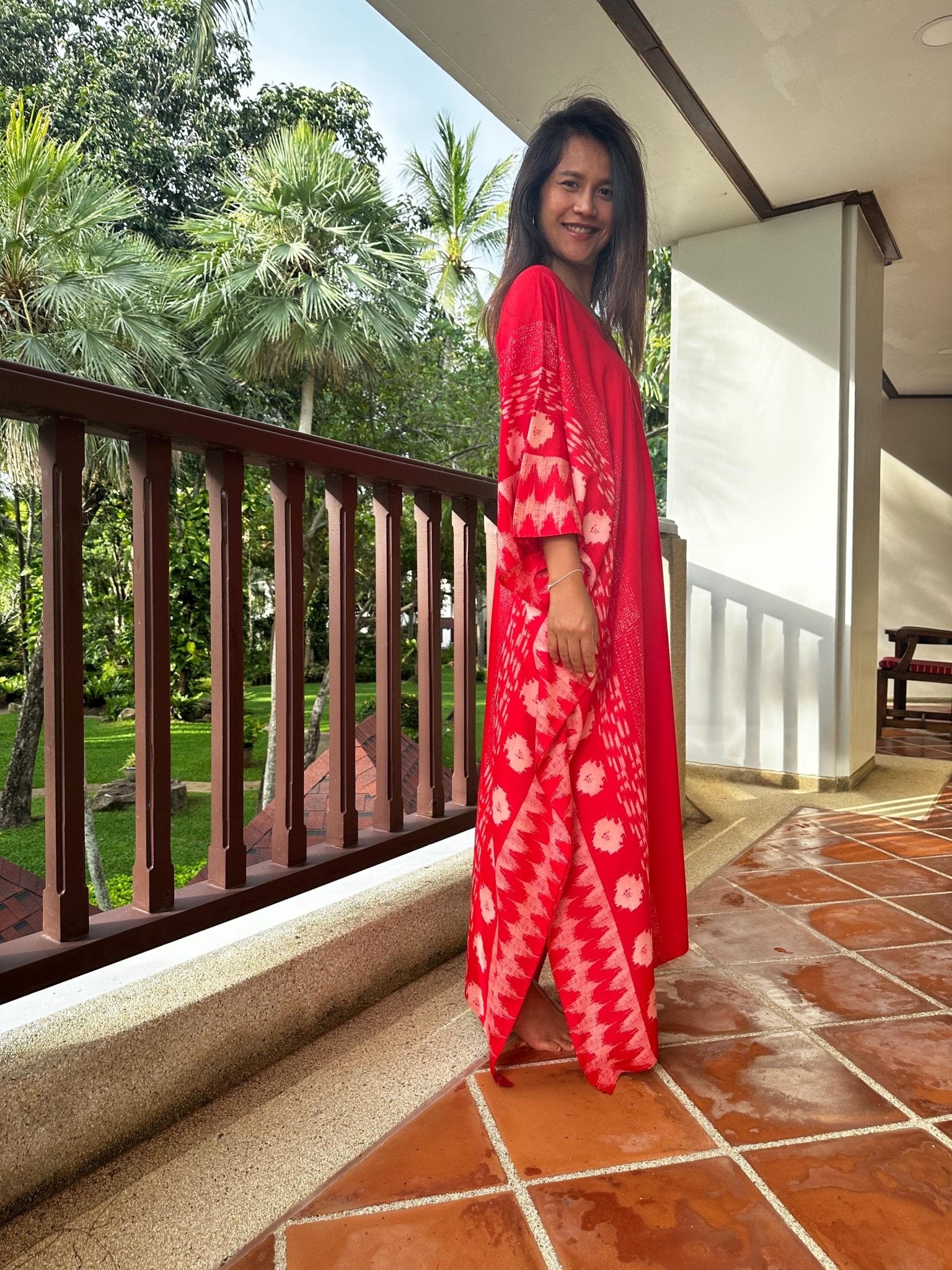 Mala Handworks  Luna Hand Screen Printed Kaftan in Red