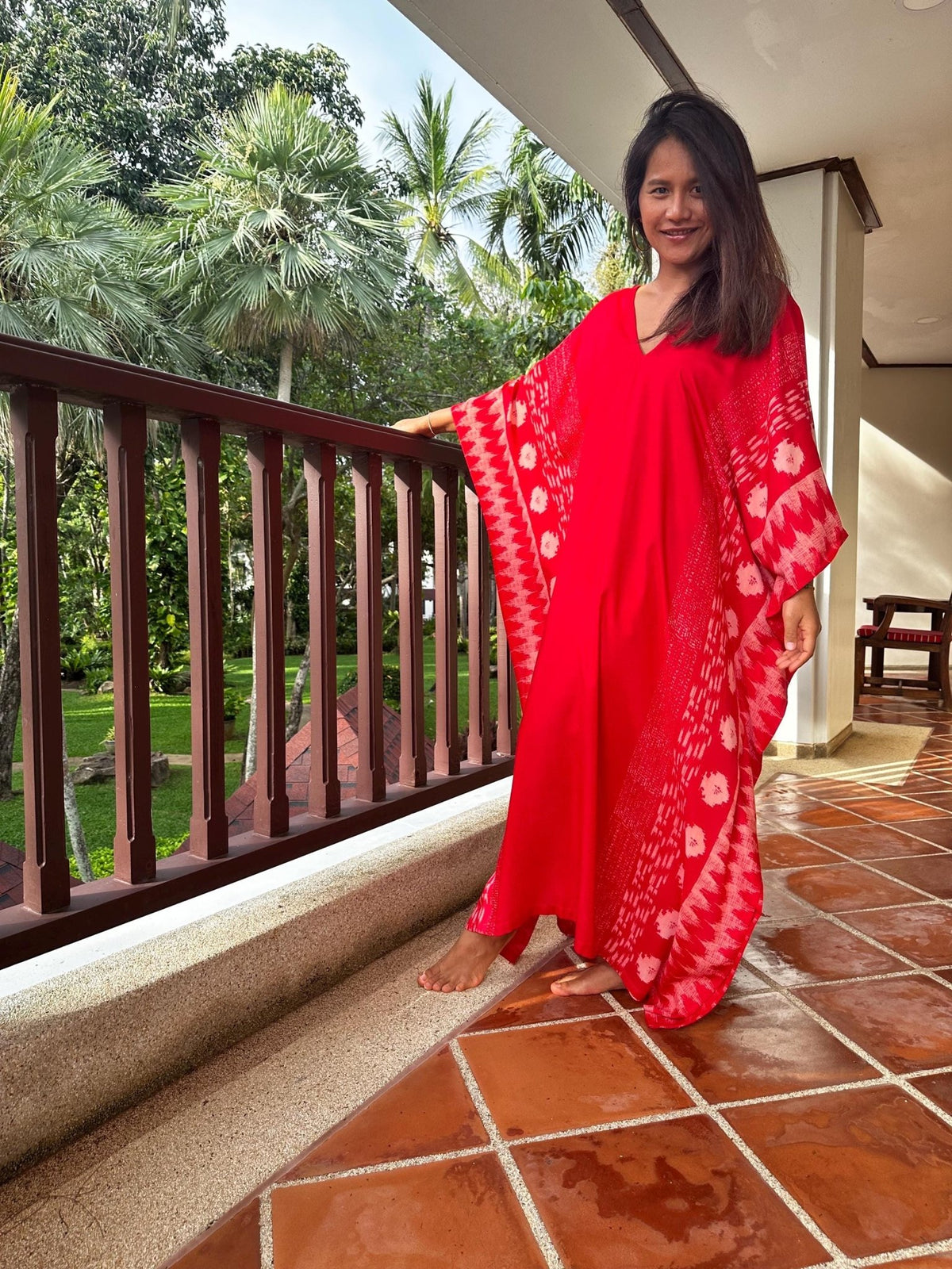Mala Handworks  Luna Hand Screen Printed Kaftan in Red