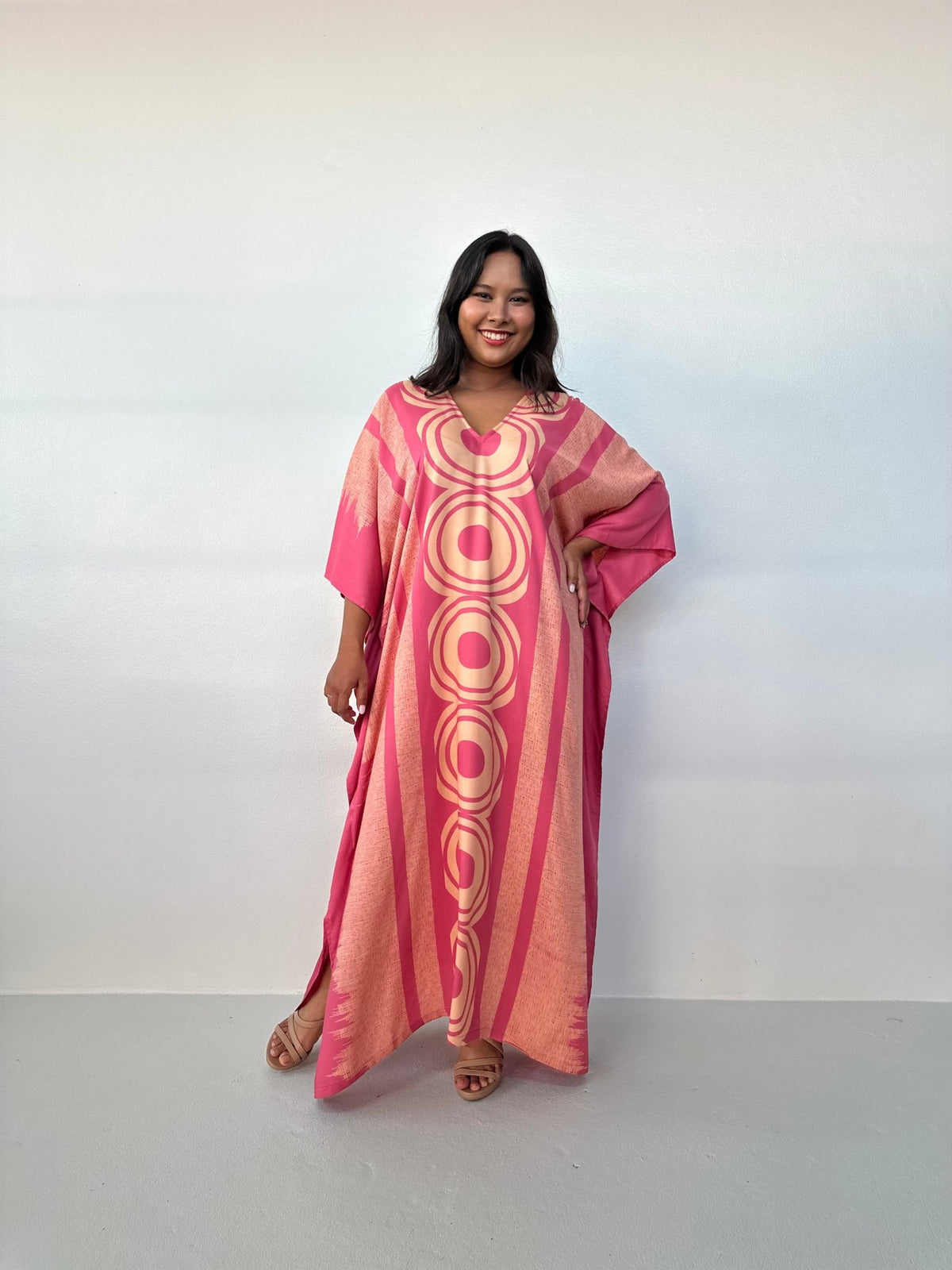MALA handworks Luna Handmade Kaftan in Pink Echoeye Pattern