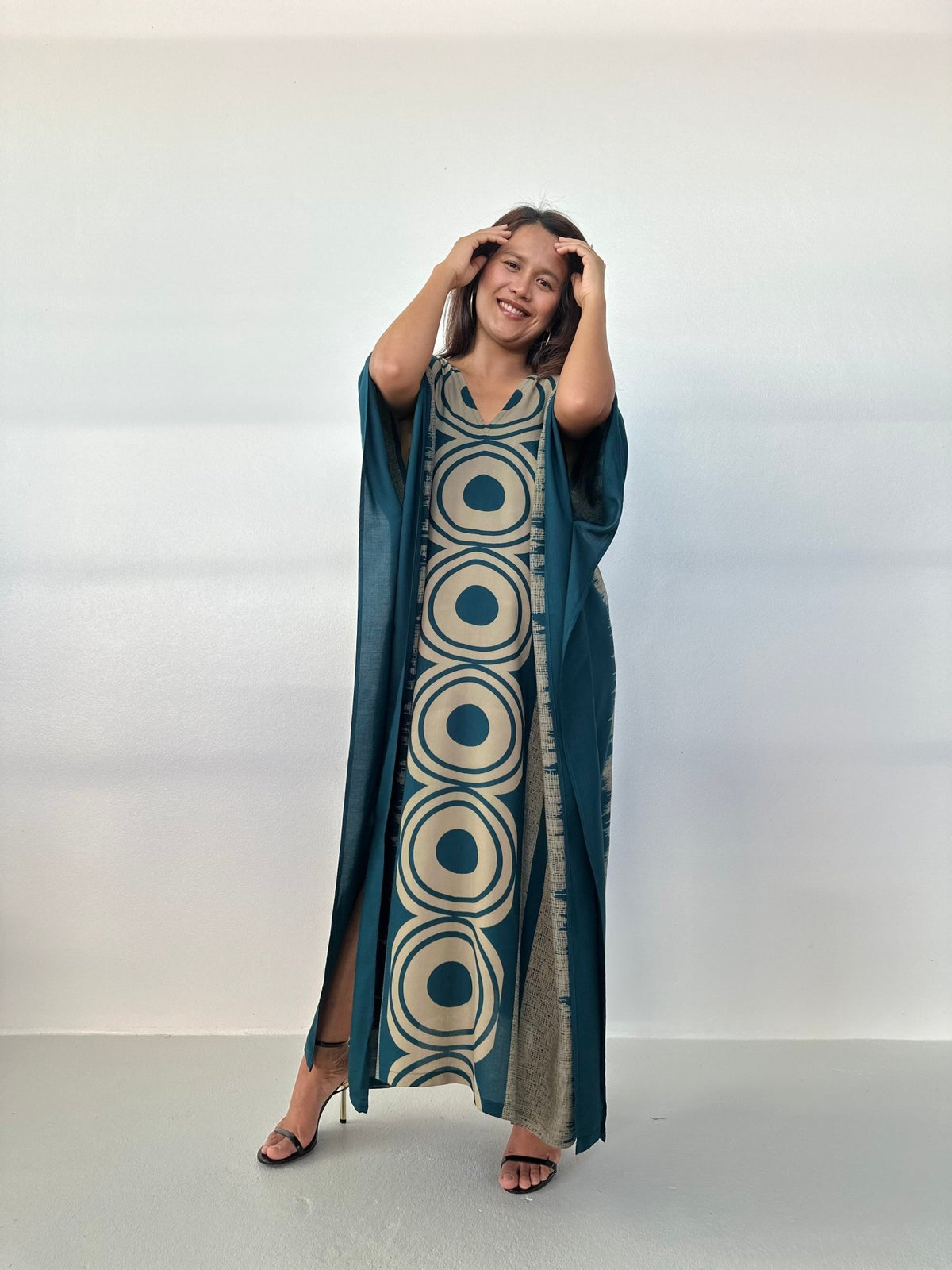 MALA handworks Luna Handmade Kaftan in Teal Echoeye Pattern