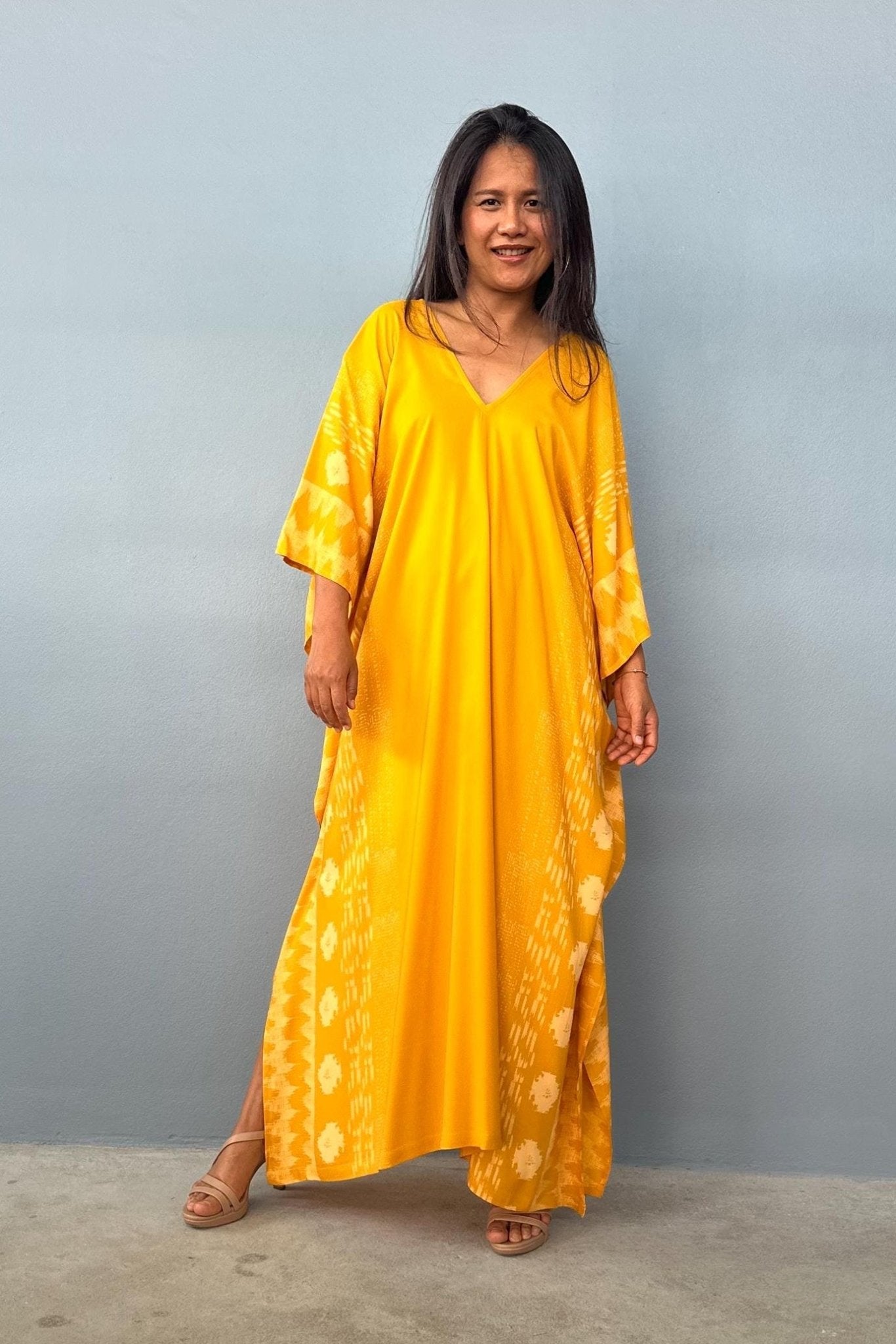 MALA handworks  Luna Kaftan in Hand Silkscreened Turmeric Yellow