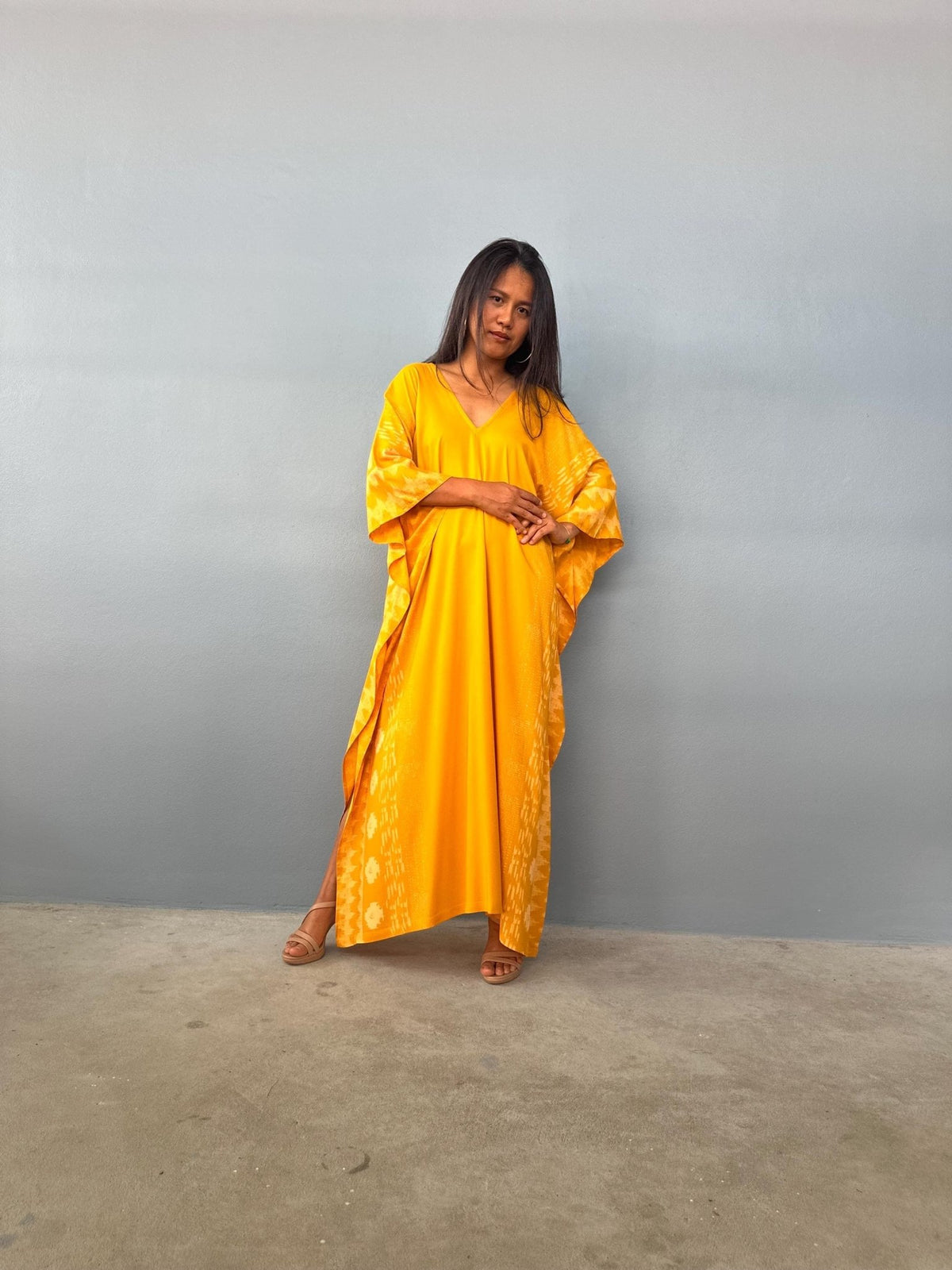 MALA handworks  Luna Kaftan in Hand Silkscreened Turmeric Yellow