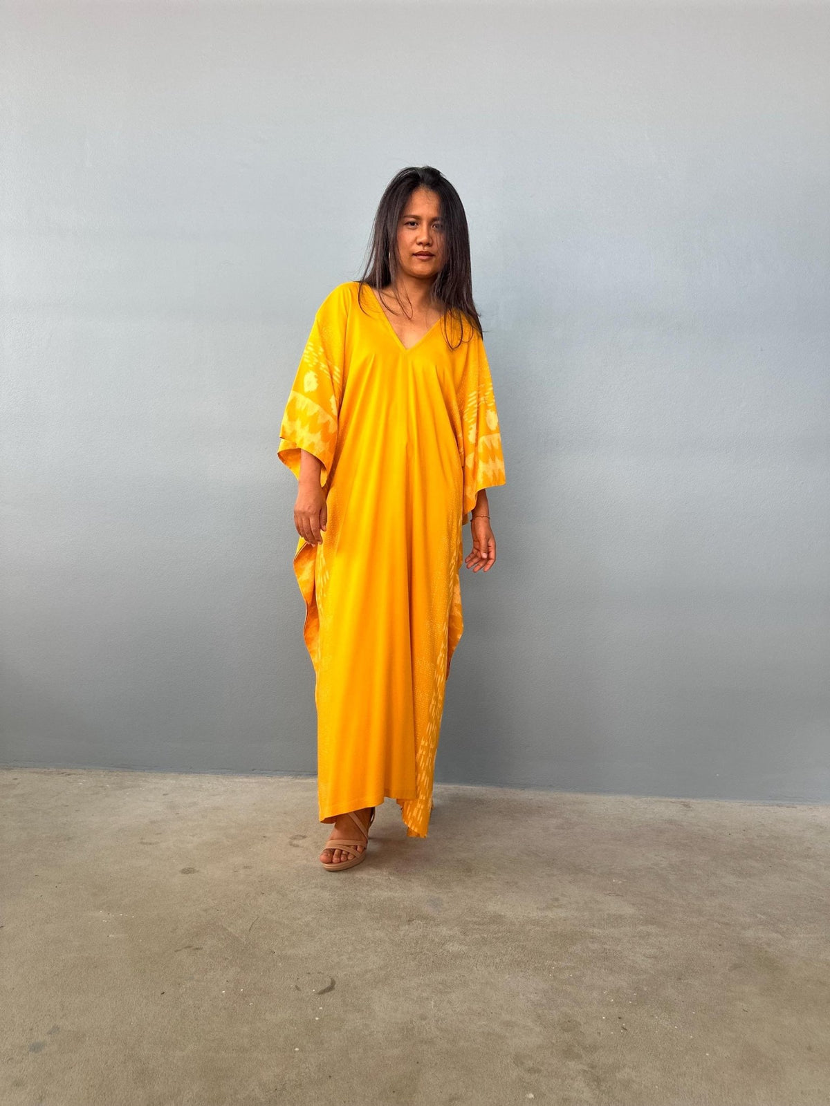 MALA handworks  Luna Kaftan in Hand Silkscreened Turmeric Yellow