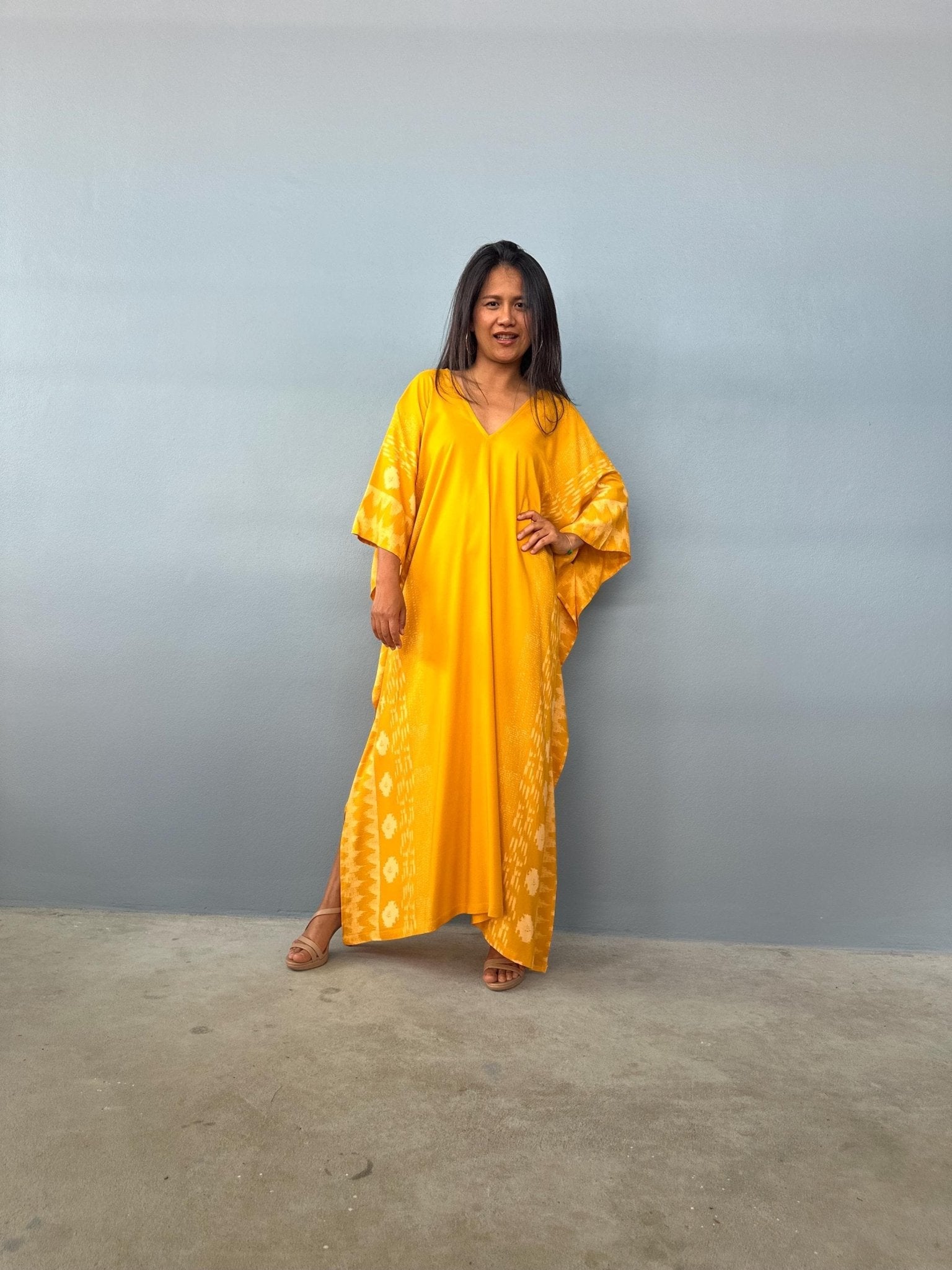 MALA handworks  Luna Kaftan in Hand Silkscreened Turmeric Yellow