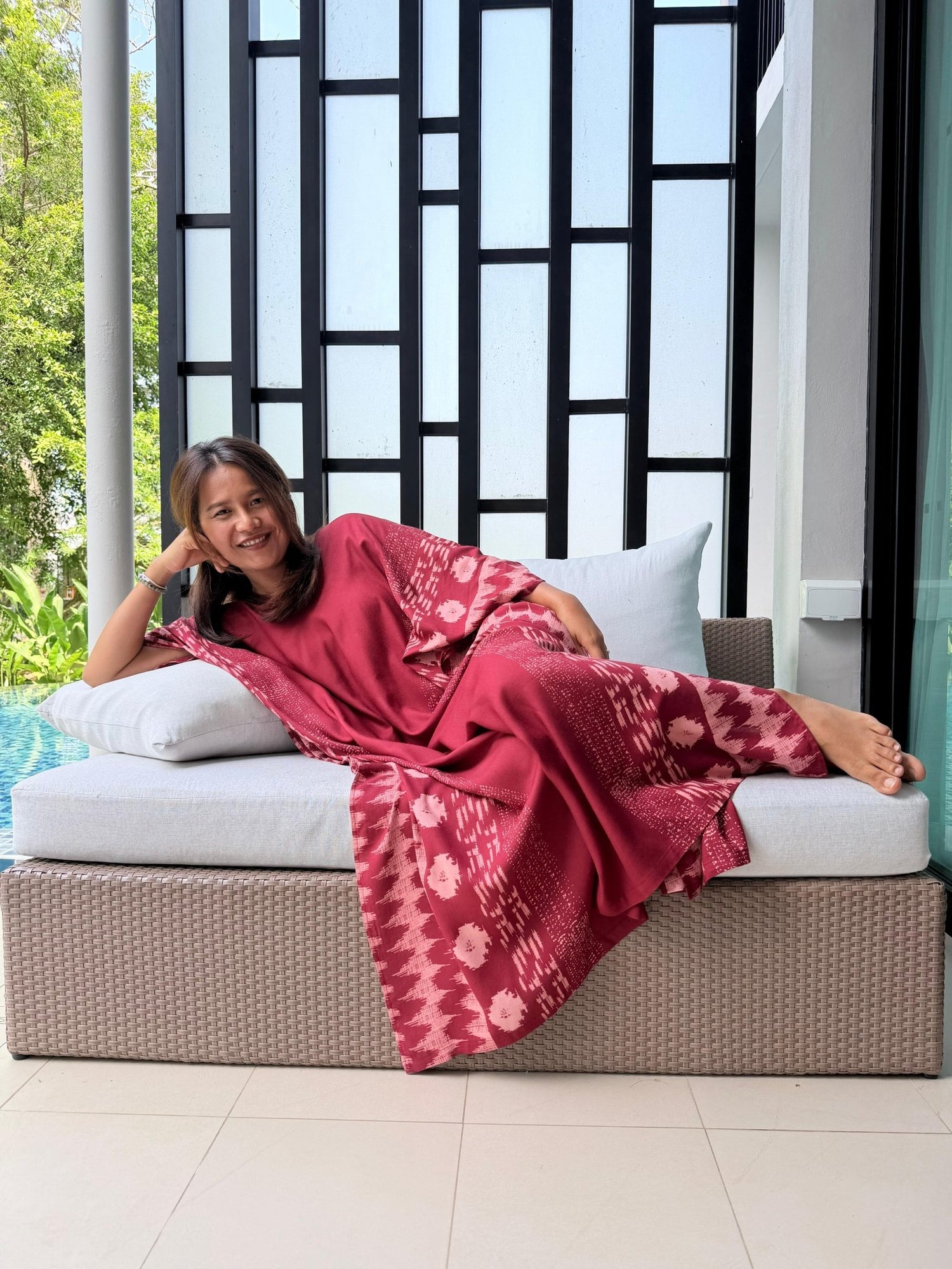 Luna Merlot with Hand Silkscreened Pattern Kaftan - Mala Handworks