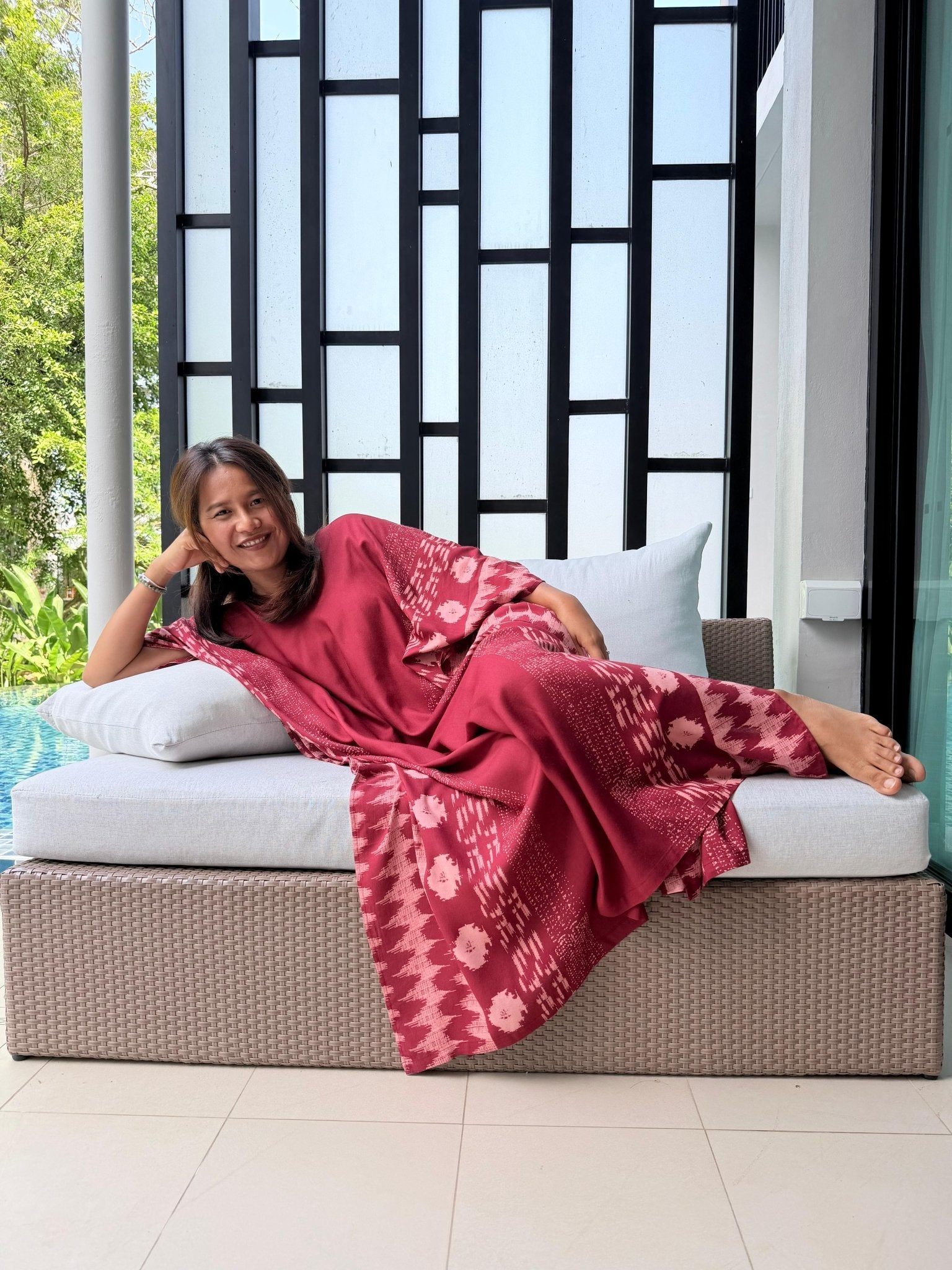 Luna Merlot with Hand Silkscreened Pattern Kaftan - Mala Handworks