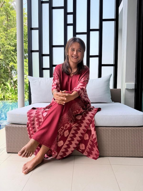 Luna Merlot with Hand Silkscreened Pattern Kaftan - Mala Handworks