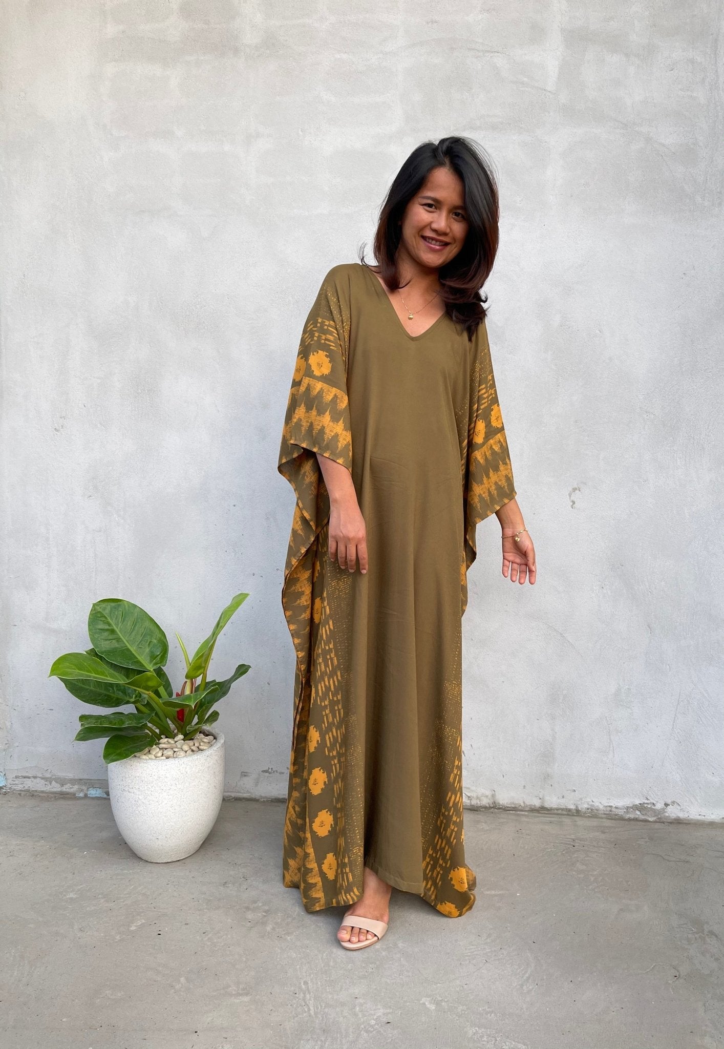 MALA handworks Luna Kaftan in Olive Green and Pattern Silkscreen