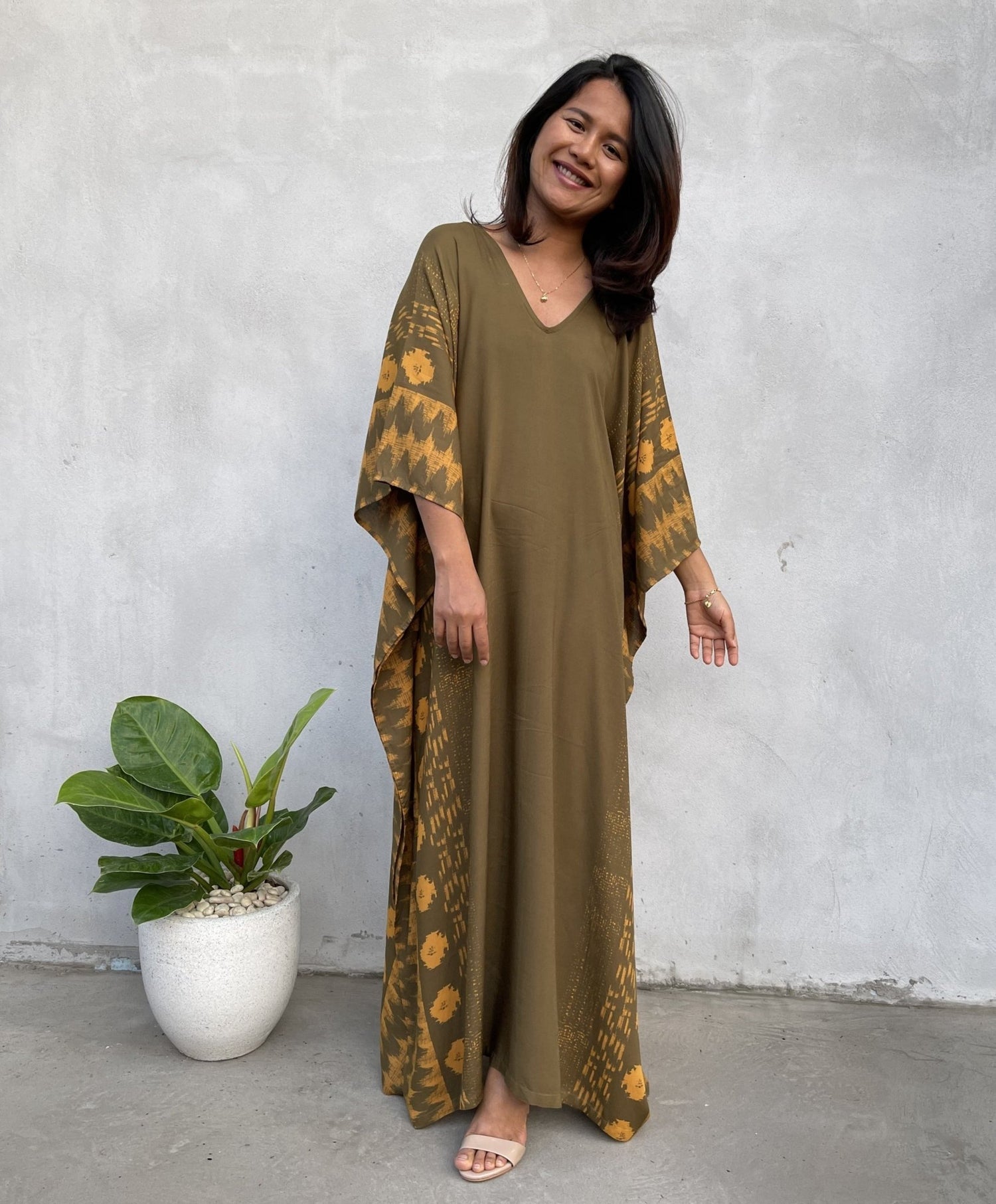 MALA handworks Luna Kaftan in Olive Green and Pattern Silkscreen