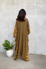 MALA handworks Luna Kaftan in Olive Green and Pattern Silkscreen