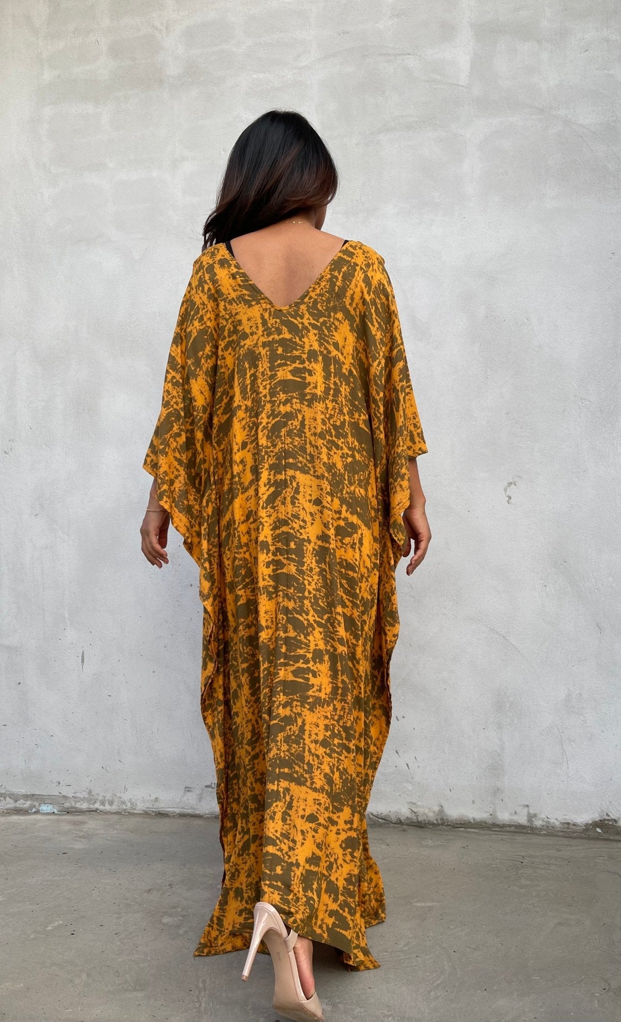 MALA handworks Luna Kaftan in Olive Green and Pattern Silkscreen