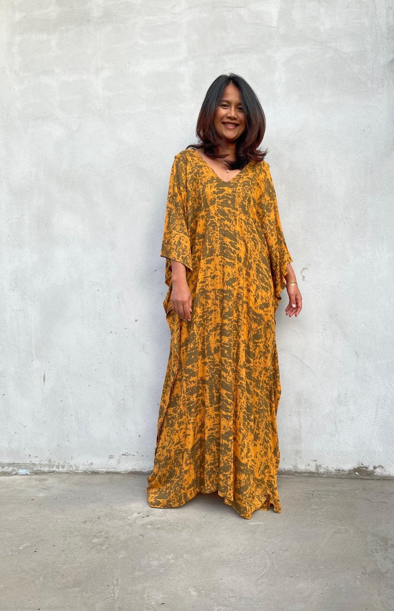 MALA handworks Luna Kaftan in Olive Green and Pattern Silkscreen