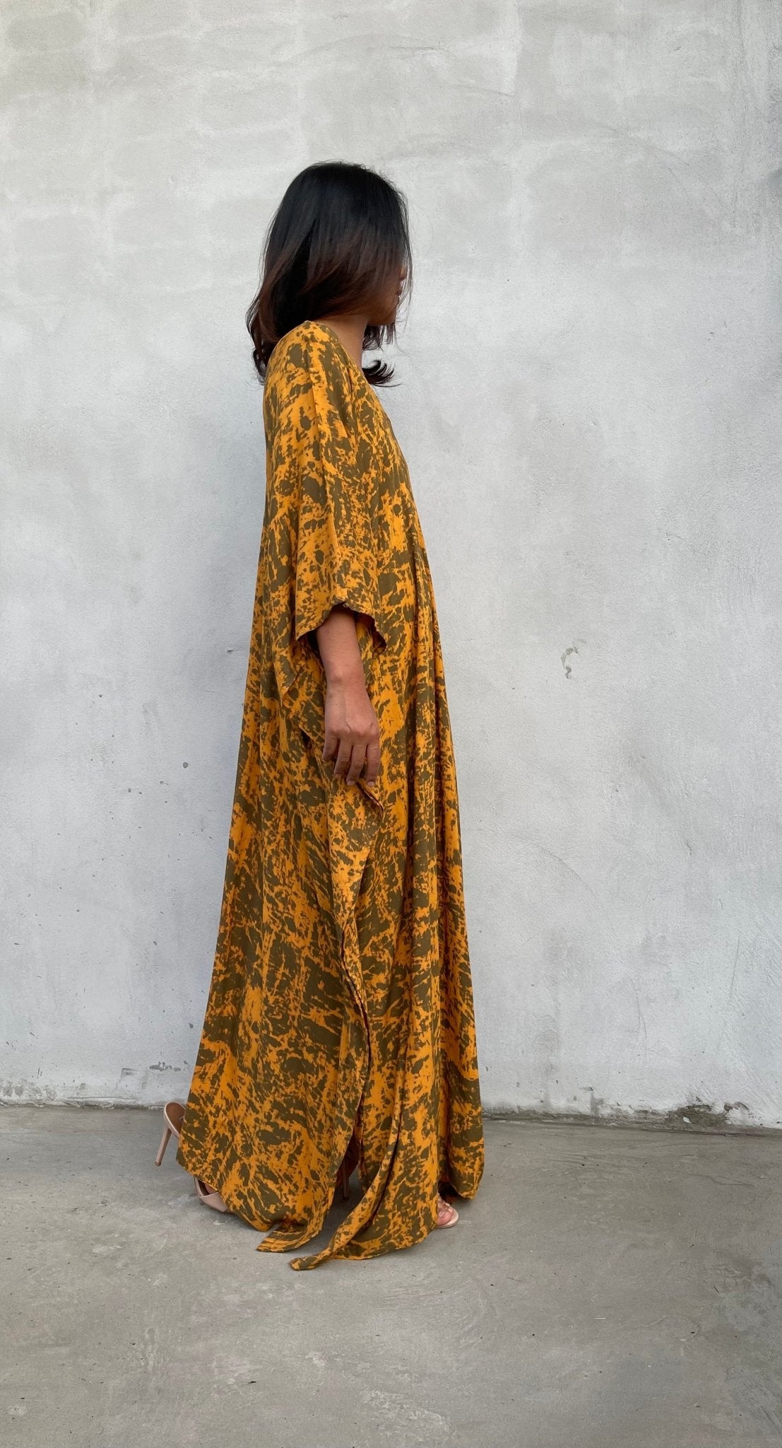 MALA handworks Luna Kaftan in Olive Green and Pattern Silkscreen