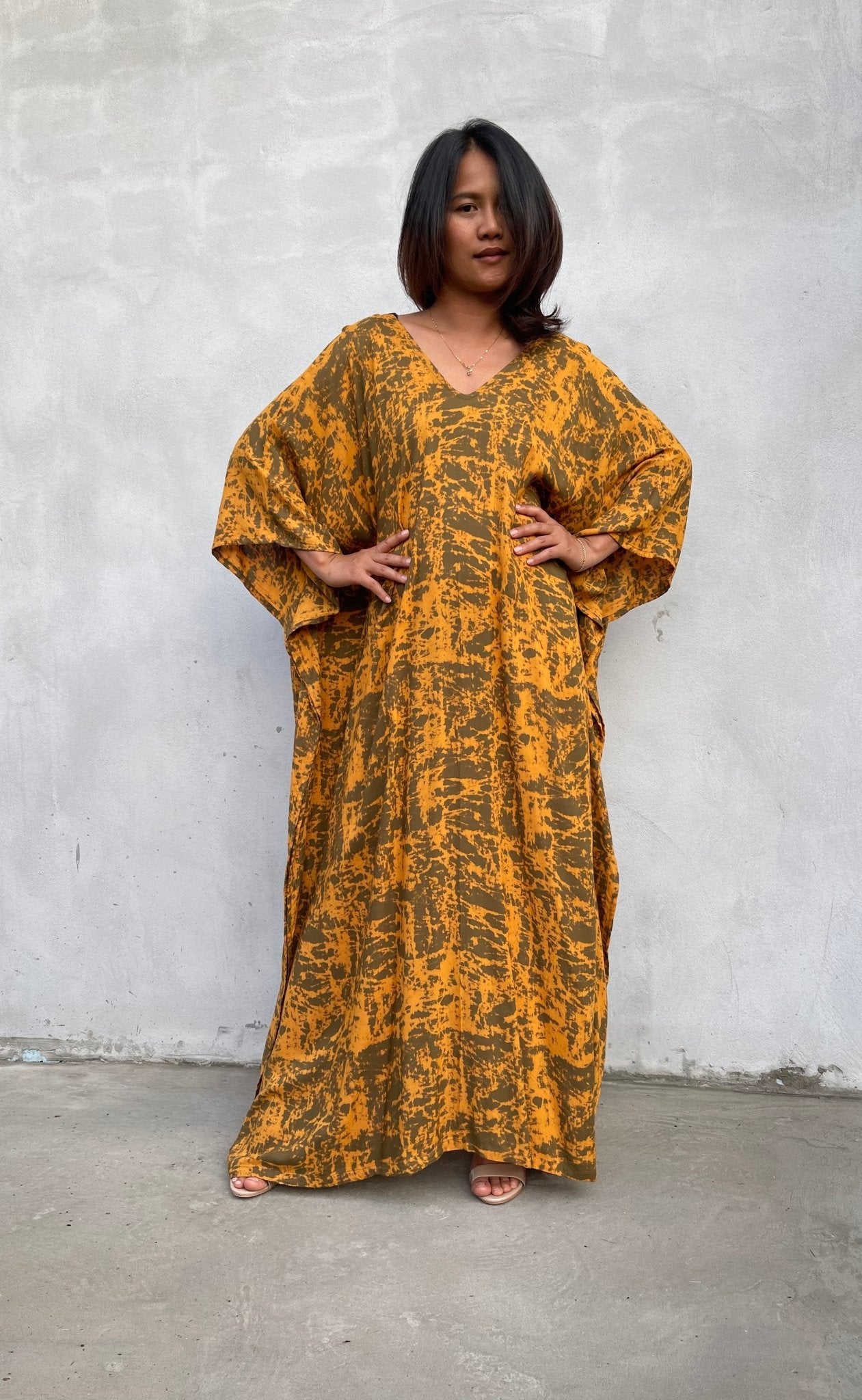 MALA handworks Luna Kaftan in Olive Green and Pattern Silkscreen
