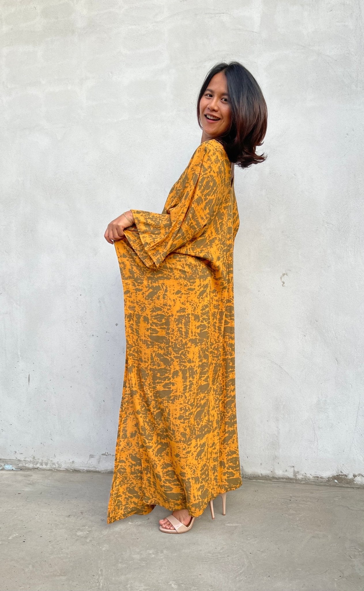 MALA handworks Luna Kaftan in Olive Green and Pattern Silkscreen