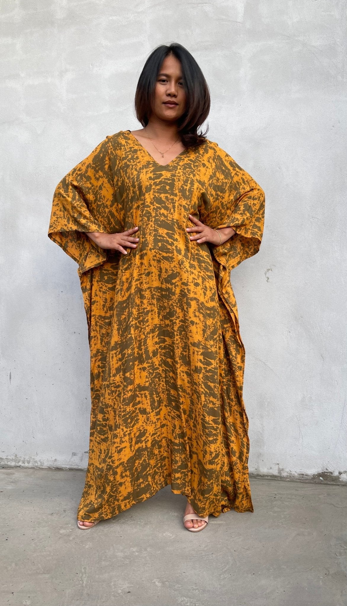 MALA handworks Luna Kaftan in Olive Green and Pattern Silkscreen