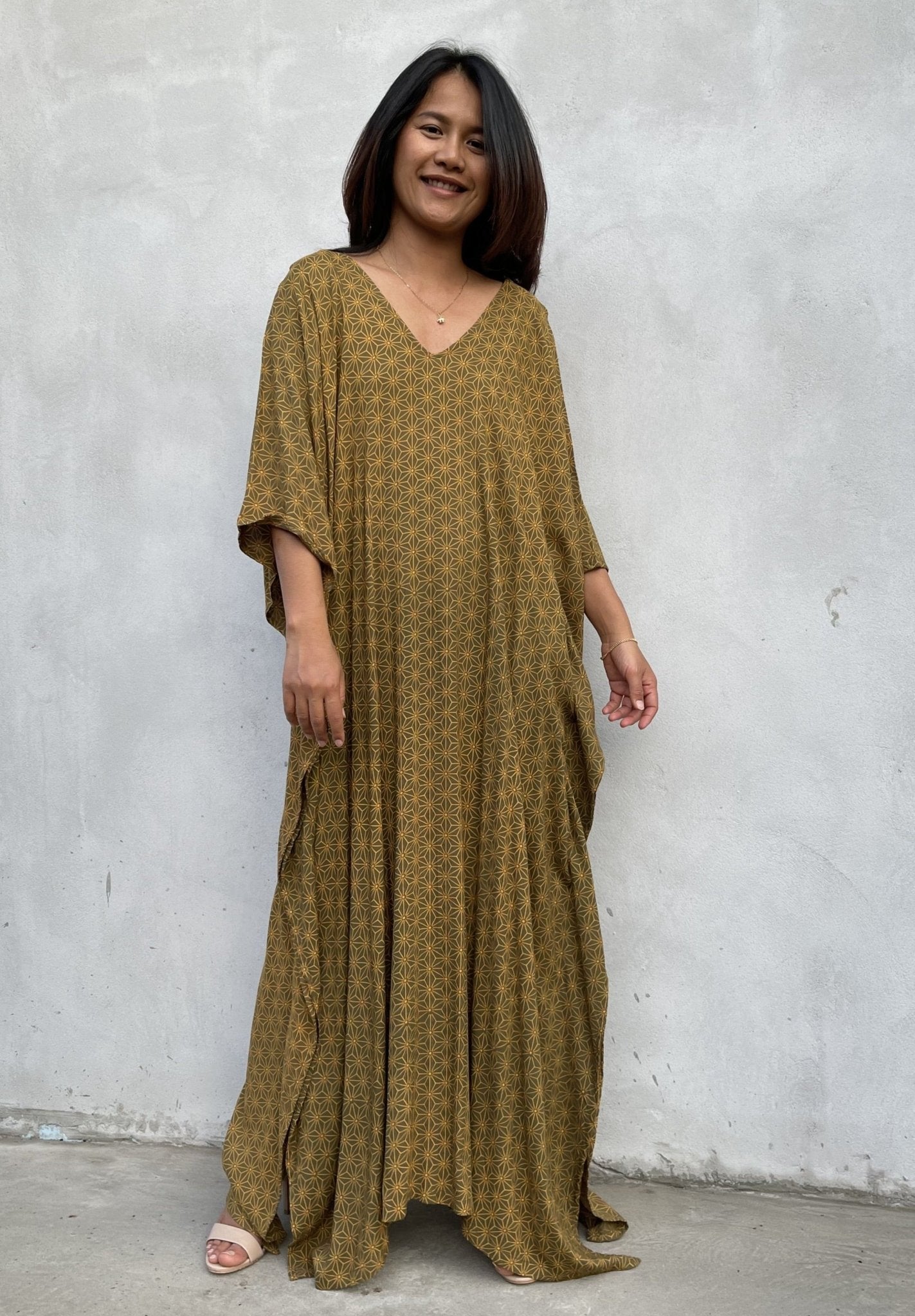 MALA handworks Luna Kaftan in Olive Green and Pattern Silkscreen