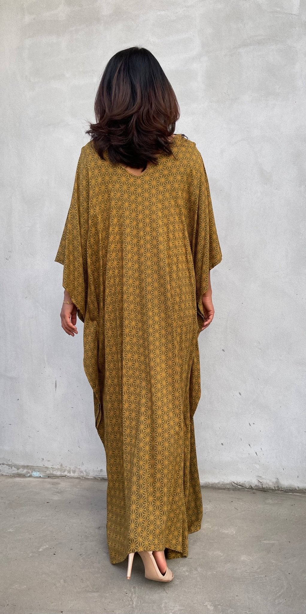 MALA handworks Luna Kaftan in Olive Green and Pattern Silkscreen