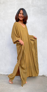 MALA handworks Luna Kaftan in Olive Green and Pattern Silkscreen