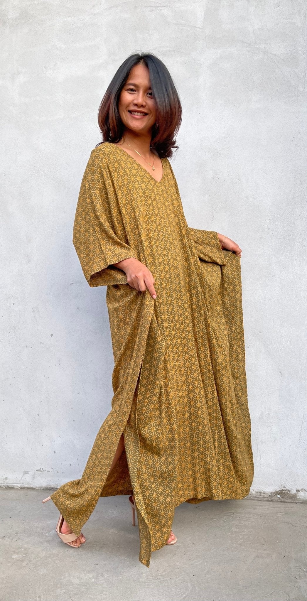 MALA handworks Luna Kaftan in Olive Green and Pattern Silkscreen