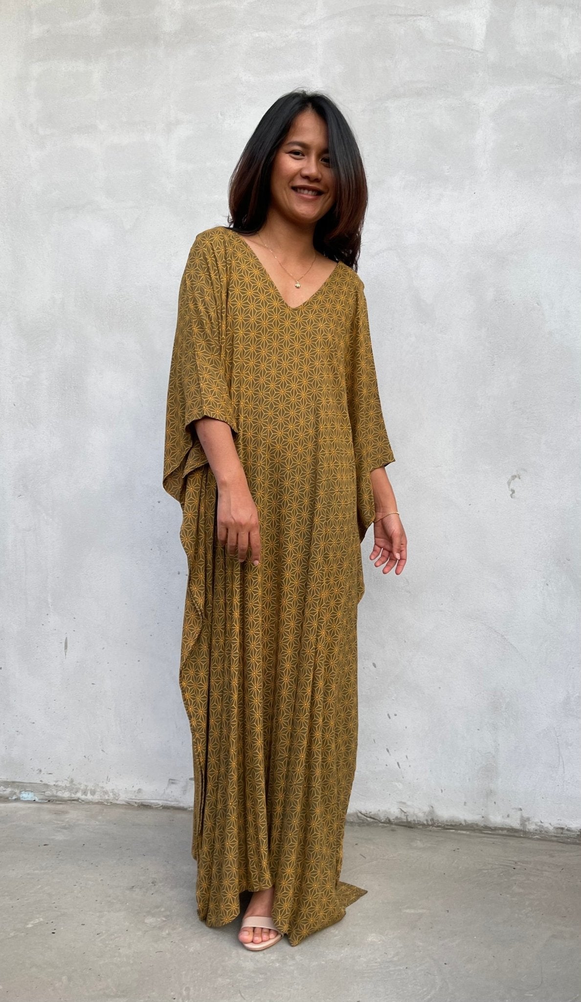 MALA handworks Luna Kaftan in Olive Green and Pattern Silkscreen