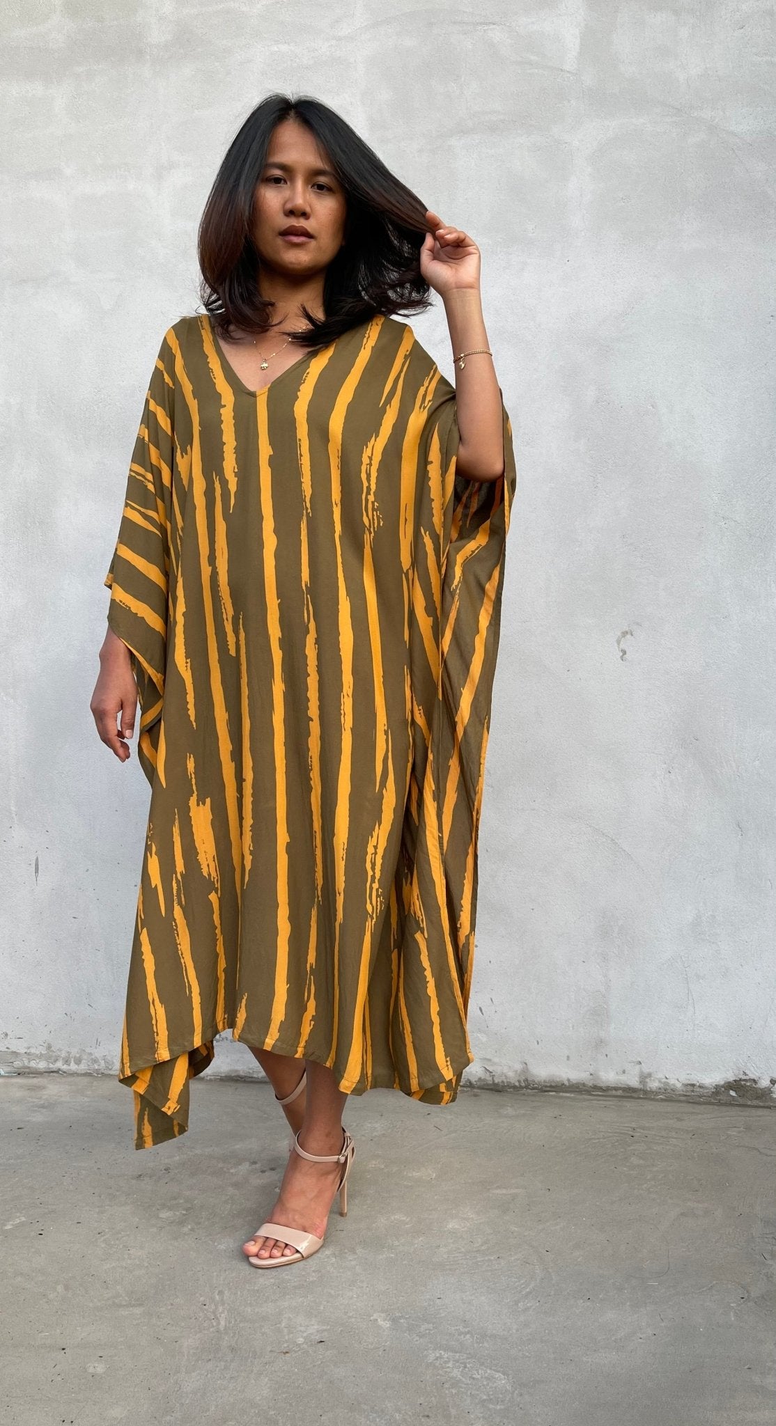 MALA handworks Luna Kaftan in Olive Green and Pattern Silkscreen