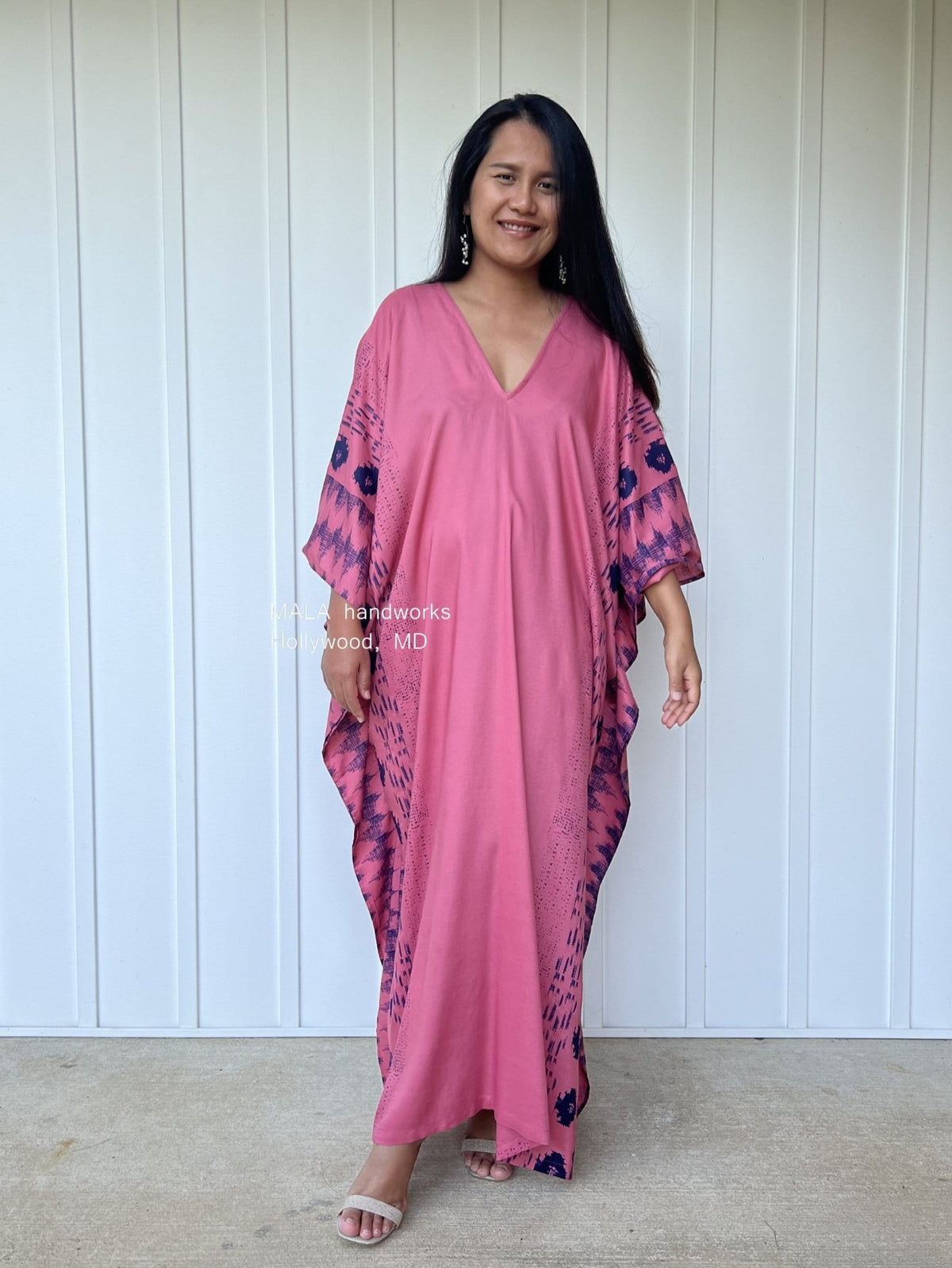 MALA handworks  Luna Kaftan in Pink and Pattern Silkscreen