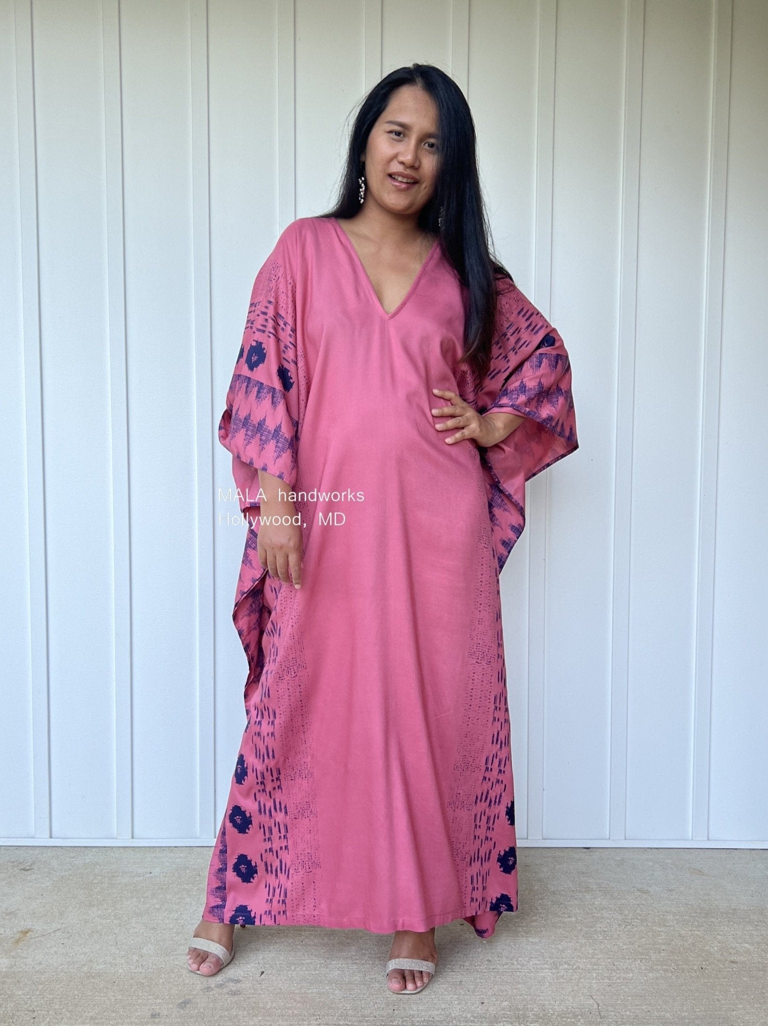 MALA handworks  Luna Kaftan in Pink and Pattern Silkscreen