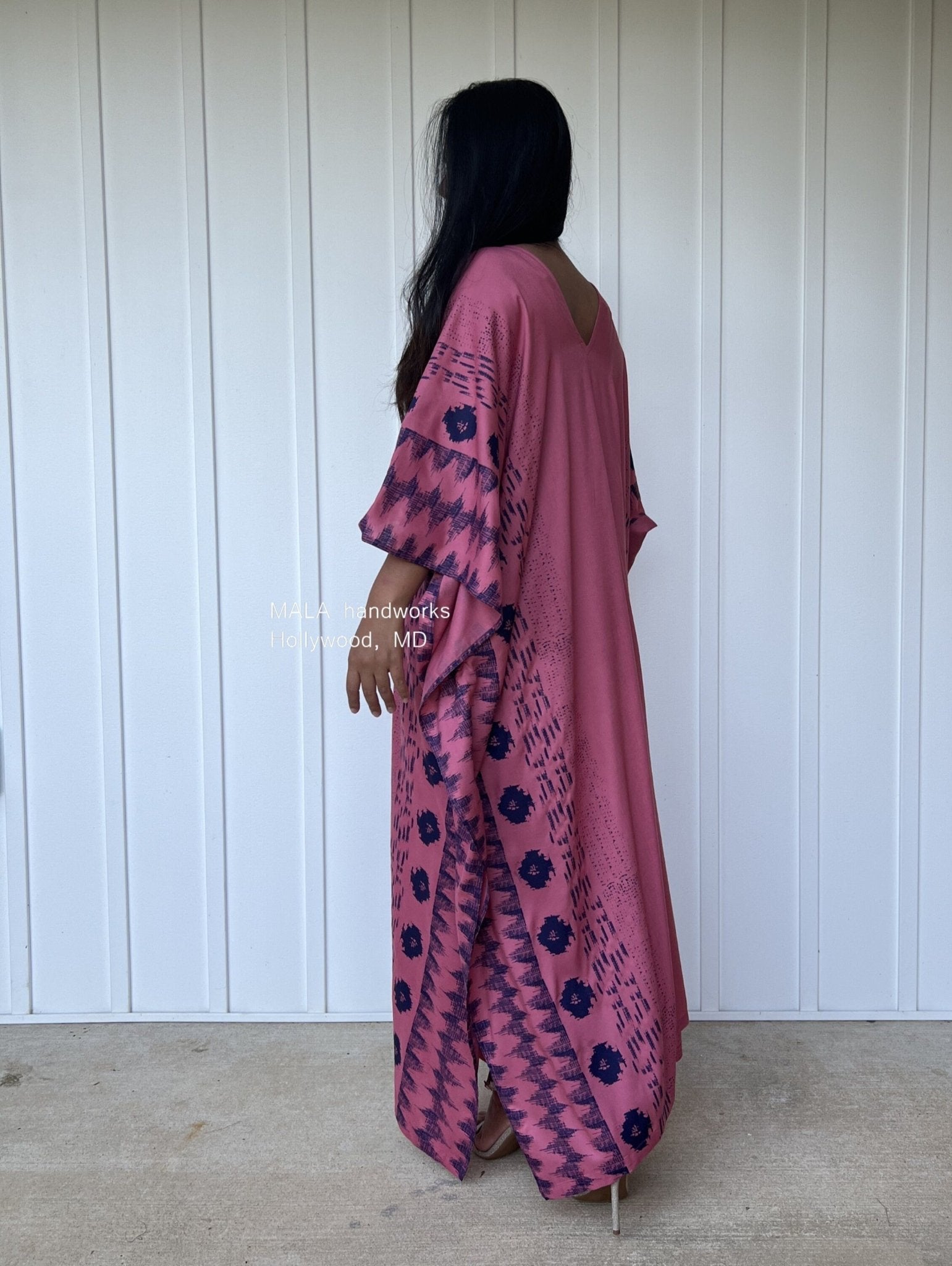 MALA handworks  Luna Kaftan in Pink and Pattern Silkscreen