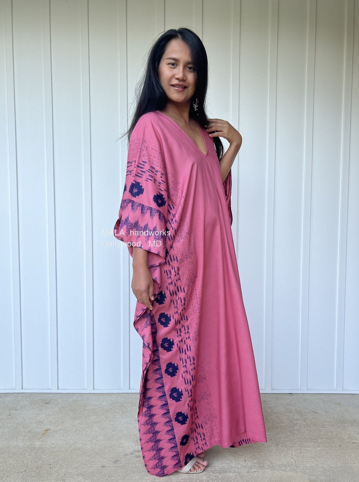 MALA handworks  Luna Kaftan in Pink and Pattern Silkscreen