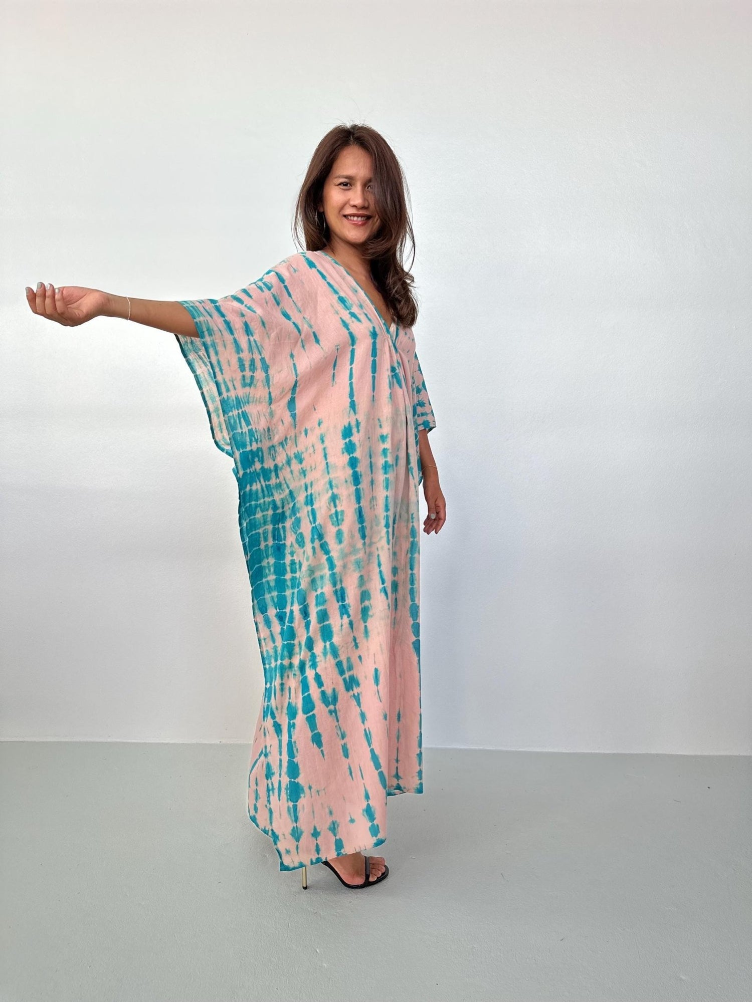 Mala Handworks Lyla Cotton Gauze Kaftan in Bubblegum & Aqua Tie Dye