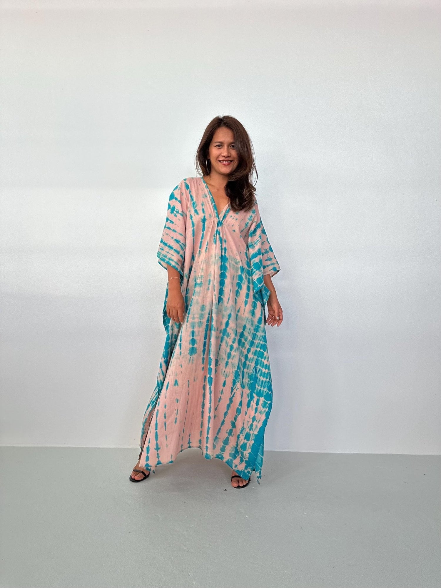 Lyla Cotton Gauze Kaftan in Bubblegum & Aqua Tie Dye - Mala Handworks