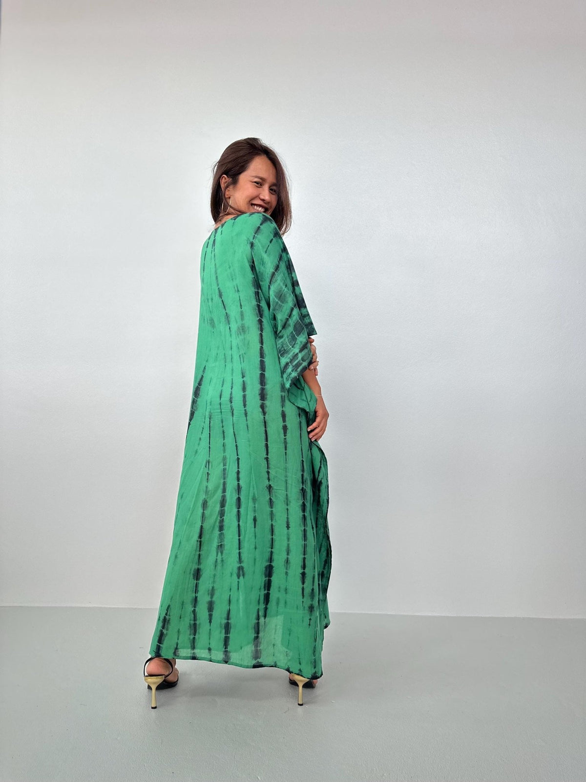 Lyla Cotton Gauze Kaftan in Emerald Tie Dye - Mala Handworks