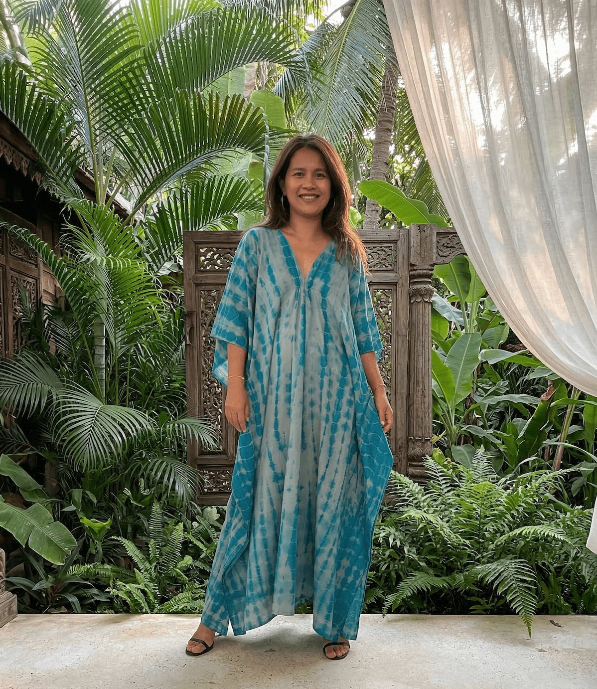 Lyla Cotton Gauze Kaftan in Turquoise Tie Dye - Mala Handworks
