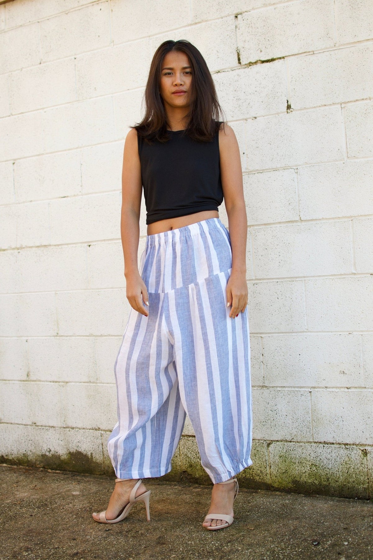 MALA handworks  Lyla Linen pants in White and Blue Stripe