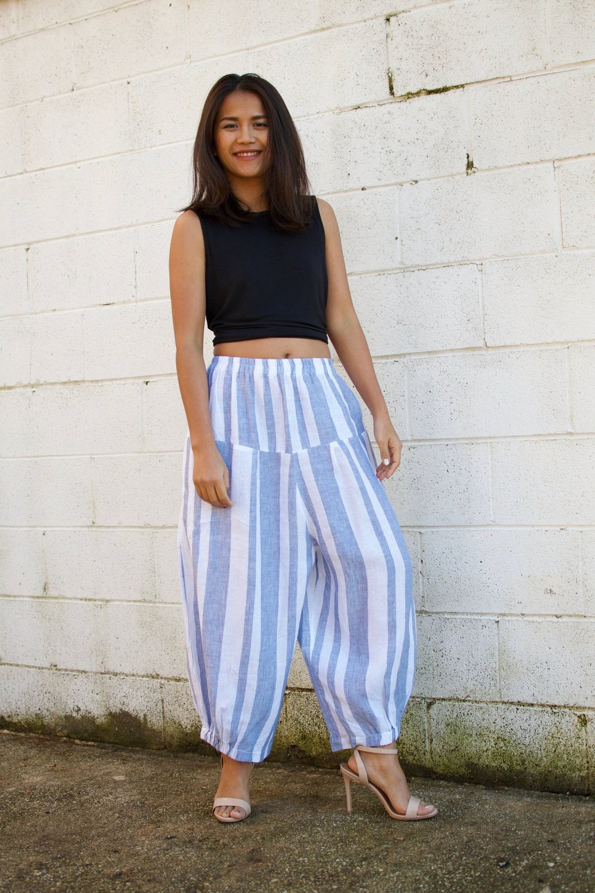 MALA handworks  Lyla Linen pants in White and Blue Stripe