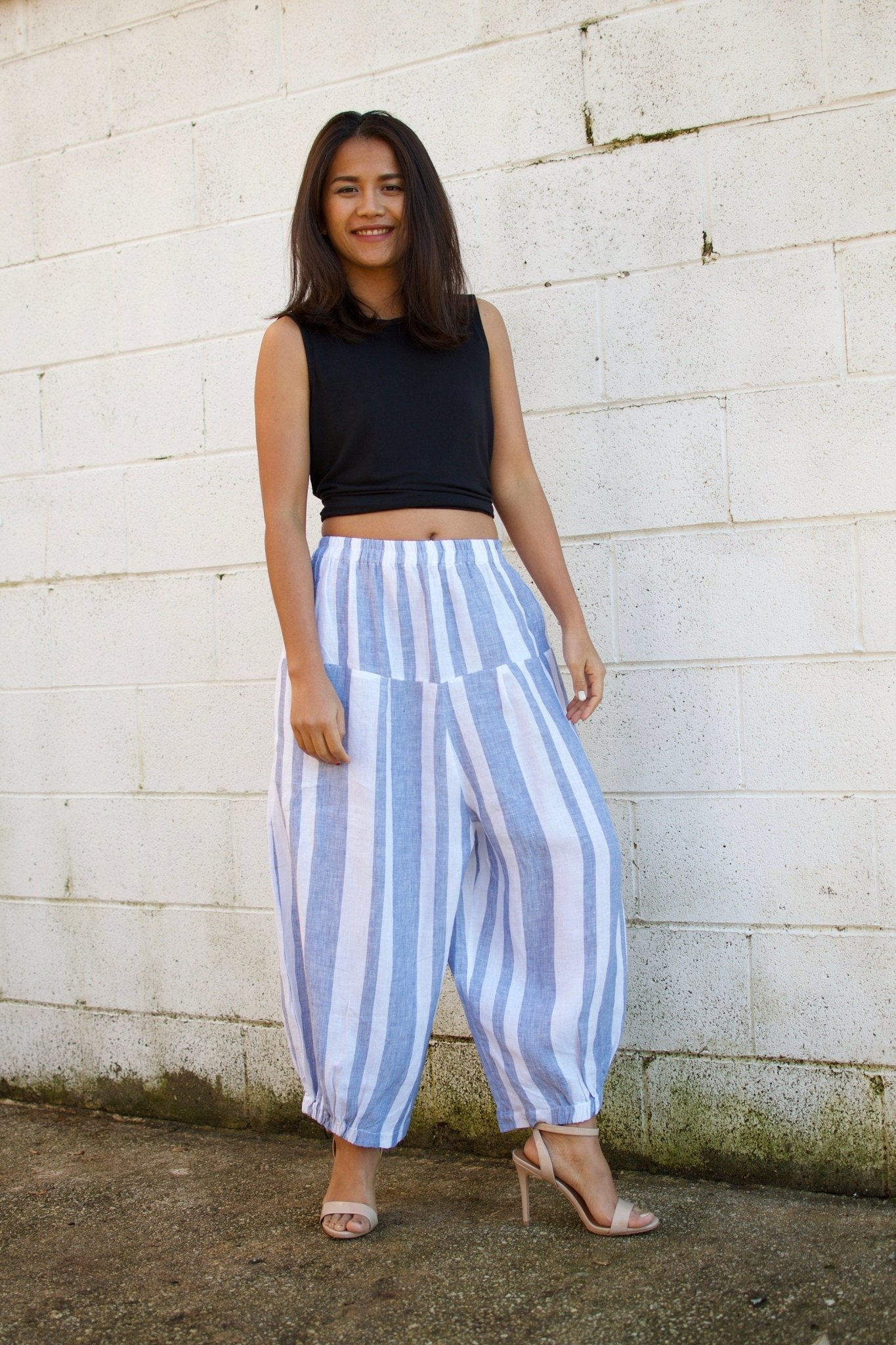 MALA handworks  Lyla Linen pants in White and Blue Stripe