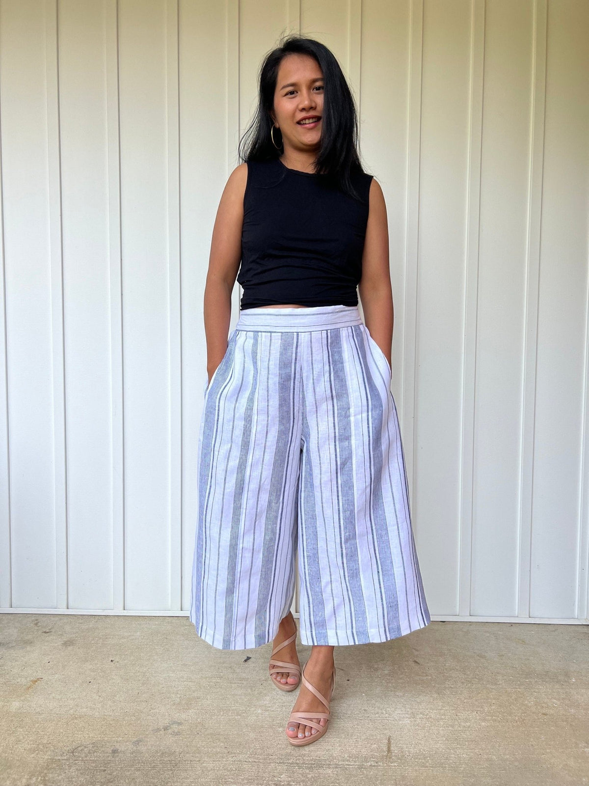MALA handworks  Lyla Linen pants in White and Blue Stripe