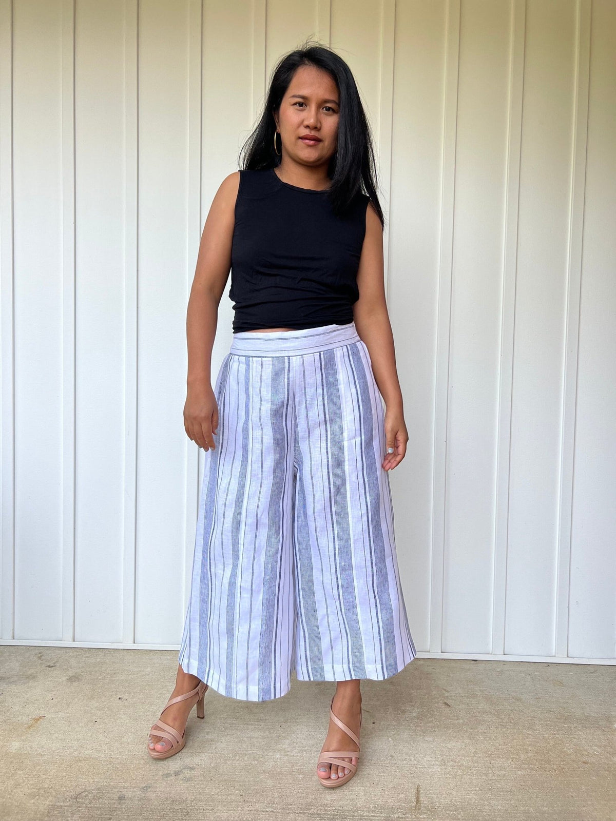 MALA handworks  Lyla Linen pants in White and Blue Stripe