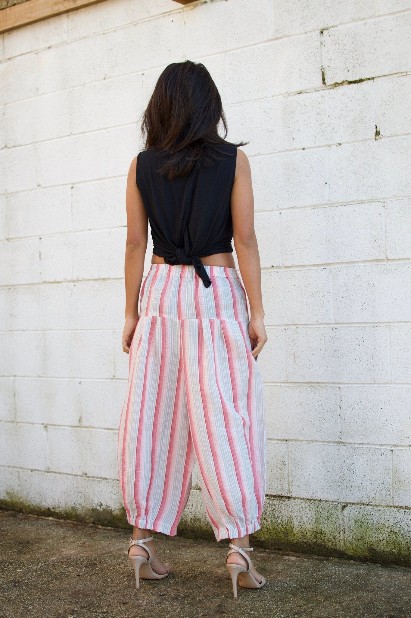MALA handworks  Lyla Linen pants in White and Pink Stripe